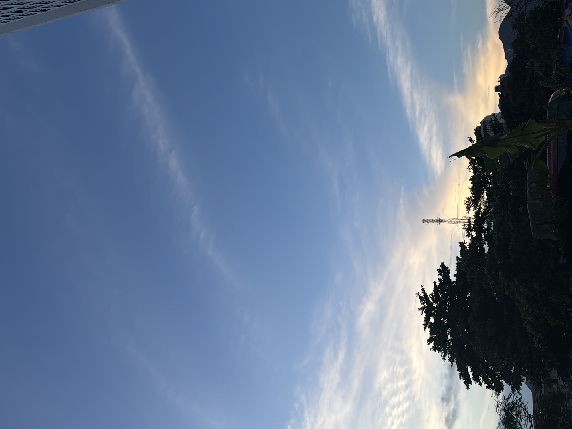 The image depicts a serene twilight scene in Bac Nha Trang Ward, Vietnam. The sky is a gradient of soft blues and yellows, with wispy clouds stretching across the horizon. In the foreground, the silhouettes of lush trees and foliage dominate, with a tall communication tower visible in the middle ground. Beyond the trees, faint outlines of buildings and distant hills can be seen, suggesting an urban or semi-urban environment. A tall building's corner is visible in the top right, adding a modern architectural element to the natural landscape. The overall atmosphere is peaceful and tranquil, characteristic of an evening sky in Vietnam.