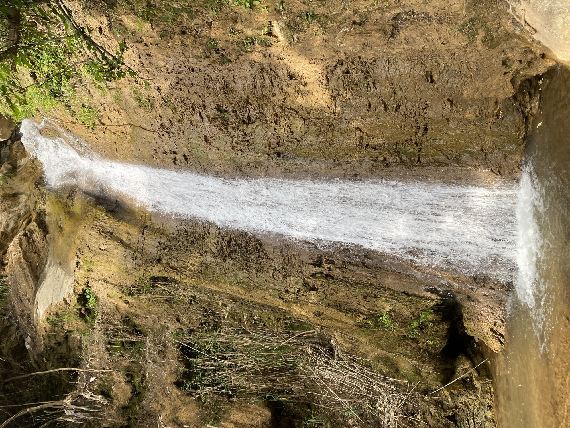 The image shows a waterfall flowing over a rocky, earth-toned cliff. Vegetation grows on the sides of the cliff, including green plants and dry branches. The waterfall appears to be wide and the water is white and frothy. The location is likely near Alanya, Turkey, given the geographical context provided.