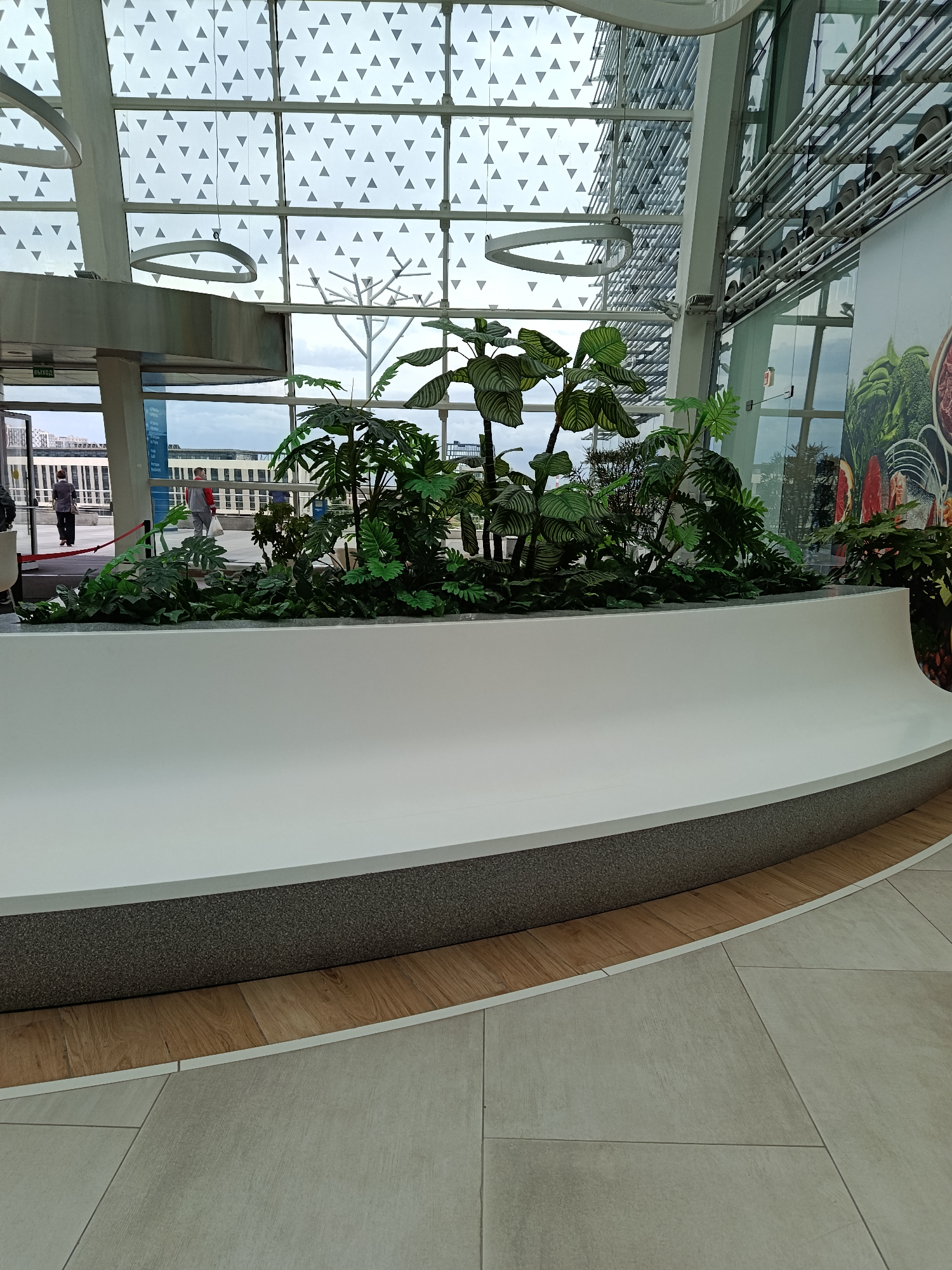 The image depicts an interior scene with a large, curved white bench in the foreground. Behind the bench is a planter filled with lush green plants of various sizes and leaf shapes. The planter itself is set against a backdrop of a modern architectural space featuring a large glass wall with a triangular pattern.
Through the glass, an outdoor scene is visible, suggesting a cloudy or overcast day. The sky appears bright but diffused. In the distance, buildings and structures can be seen.
To the left of the planter, through the glass, two individuals are walking. One person, wearing dark clothing, is walking away from the camera. Another person, wearing a red top and carrying a white bag, is walking towards the right, also away from the camera. Their presence indicates a public space, possibly an airport, shopping mall, or office building.
Above the planter and glass wall, there are modern light fixtures and structural elements of the building's ceiling, adding to the contemporary feel. On the far right, a large vertical graphic or mural is visible, featuring images of food, including fruits, vegetables, and possibly meat.
The overall impression is one of a well-lit, modern interior space designed to incorporate natural elements, offering a visually appealing environment for people to pass through or relax. No specific time of day is strongly indicated, but the diffused natural light suggests it's daytime. No text is clearly legible in the image, apart from the word "ВЫХОД" (Exit) on a sign above the entrance on the left.