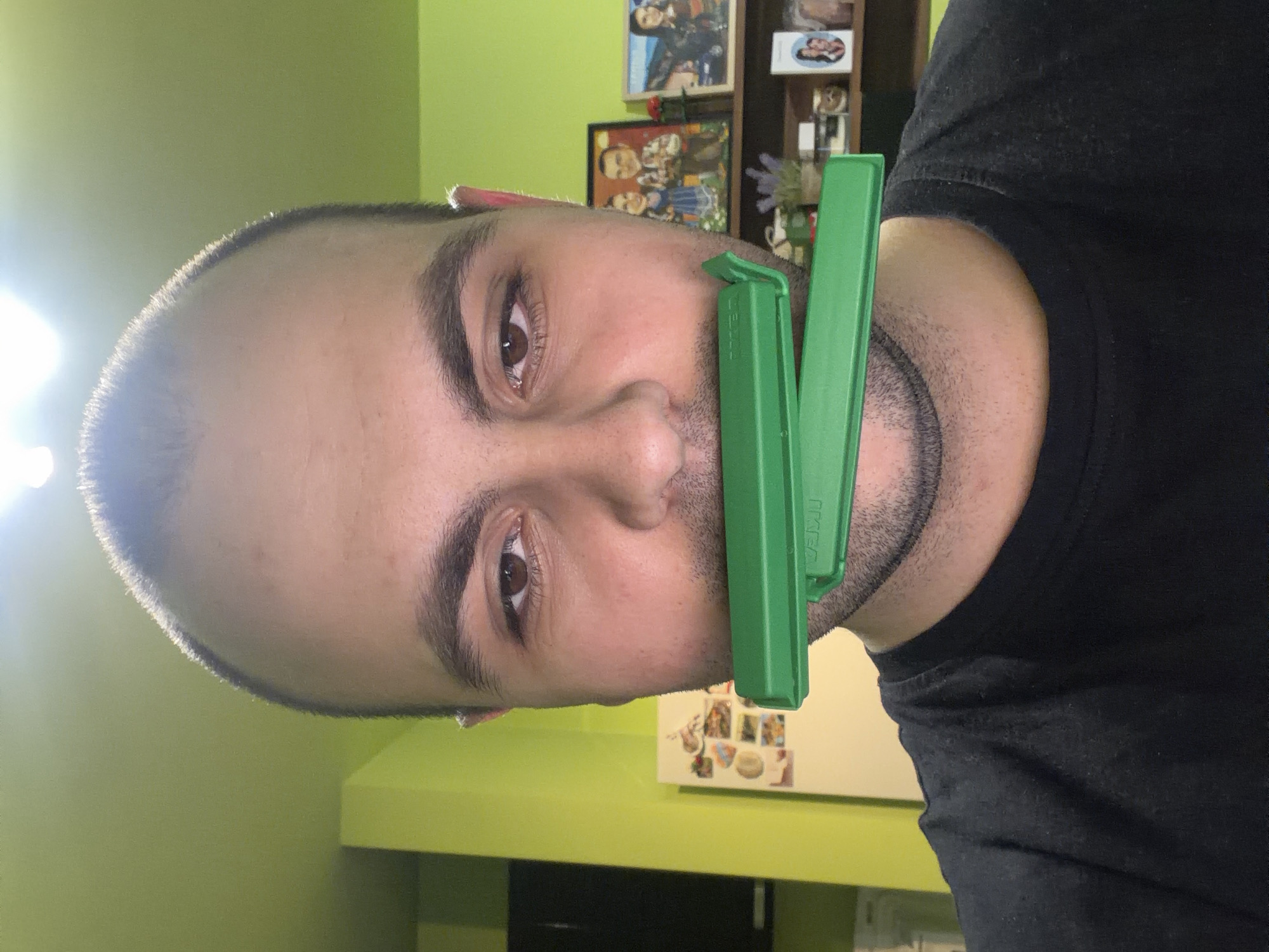 A selfie, potentially indoors, features a man with dark hair and facial hair. He is wearing a black t-shirt. Two green bag clips, labeled "IKEA," are clipped onto his face, covering his mouth. The background is a light green wall. A cabinet with photos and shelves are visible, and there is a refrigerator in the background. There is no discernible evidence to suggest the location is Plovdiv, Bulgaria.