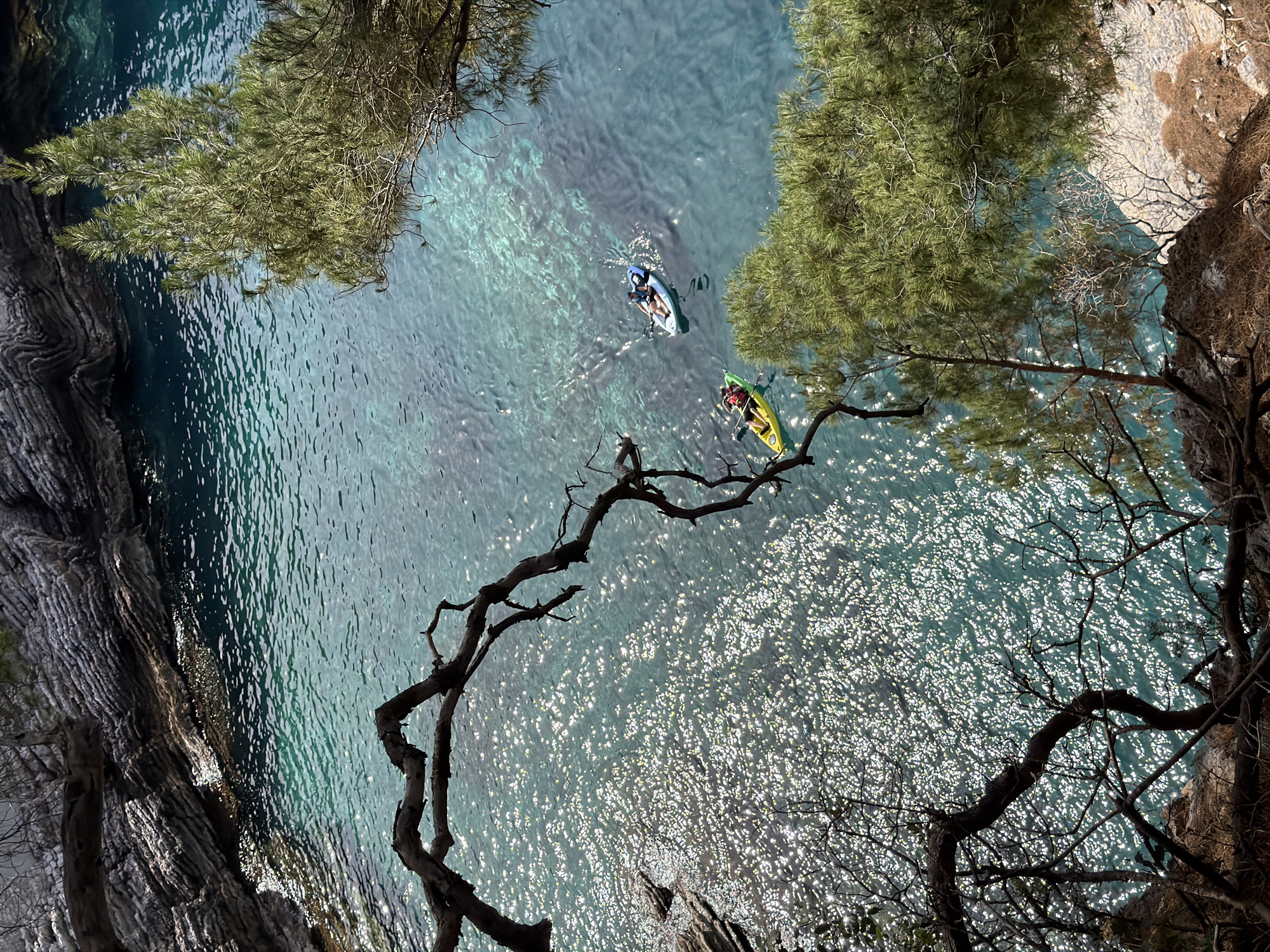 The image, possibly taken near Petrovac centar, Montenegro, shows a high-angle view of the sea with two kayaks. The turquoise water reflects sunlight, creating a sparkling effect. One kayak is blue and carries two people, while the other is yellow and has one occupant. Vegetation, including pine trees and bare branches, frames the scene. Rocky cliffs are visible on either side of the view.