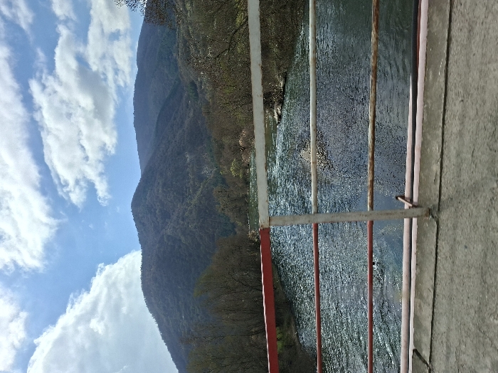 The image depicts an outdoor landscape, observed from a bridge structure in the city of Poleto, Bulgaria. In the foreground, the concrete surface of a bridge deck is partially visible at the bottom. A metal railing extends across the lower portion of the frame, consisting of three horizontal bars: the uppermost two are painted white and red, respectively, exhibiting visible weathering, while the lowest bar appears dark and rusted. A vertical metal support post is positioned centrally.
In the midground, a river flows horizontally across the scene, under the bridge. The water is dark blue-green, with reflections of sunlight indicating movement. The riverbanks are lined with deciduous trees and brush, appearing mostly bare or with sparse, early foliage.
The background is dominated by large, densely forested mountains, exhibiting variations in green and brown hues. Above the mountains, the sky is clear blue with scattered, prominent white cumulus clouds. No individuals or active subjects are present in the scene.