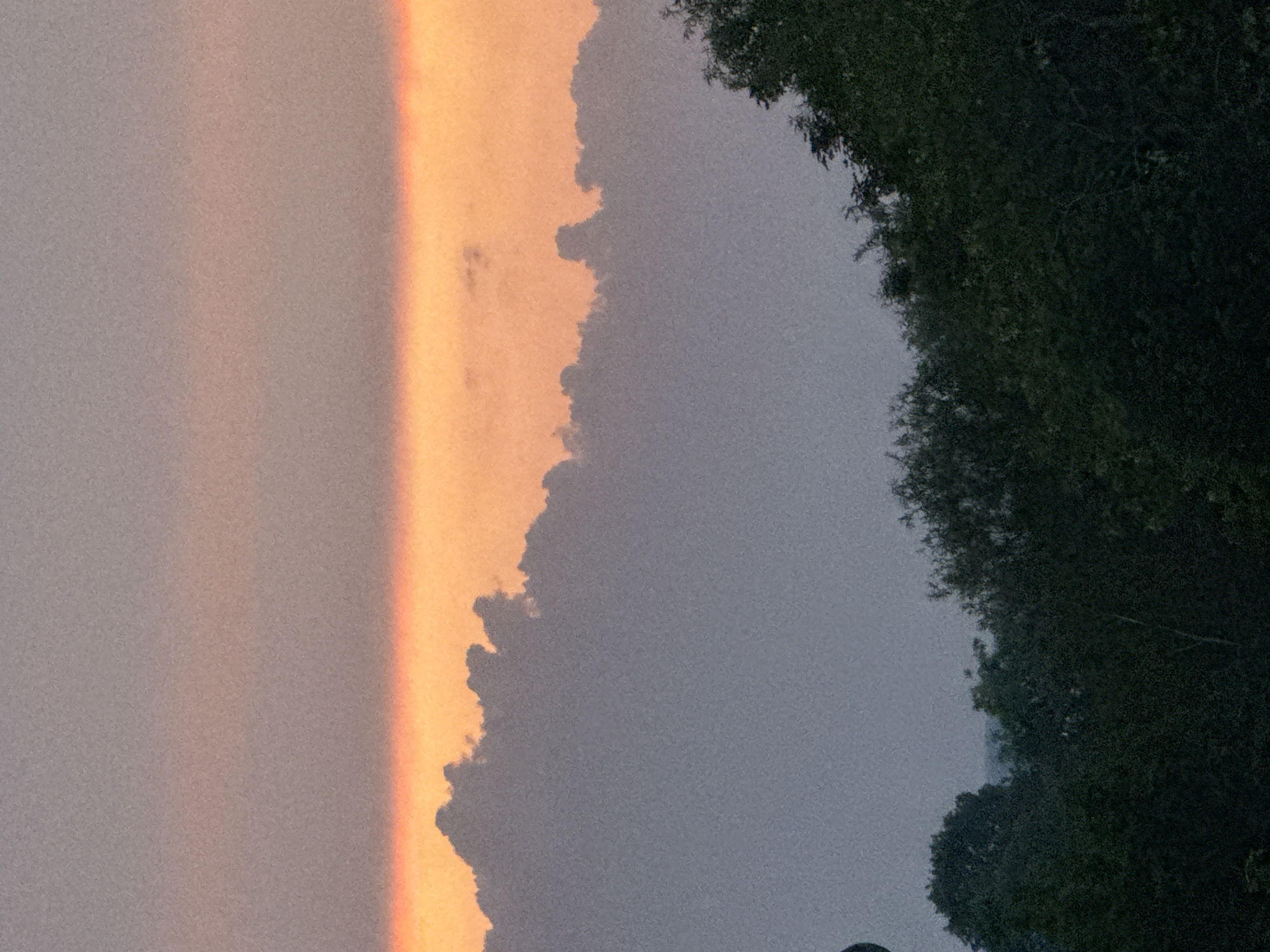 The image shows a sky scene likely taken during dusk or dawn. The left side of the frame is filled with a soft, muted pink and gray sky, transitioning to a brighter orange hue towards the center. This orange section appears as a vertical band, possibly indicating the direction of the setting or rising sun. Adjacent to the orange band is a darker gray cloud formation with an irregular, textured edge. To the right of the clouds, the scene transitions to a dark mass of green foliage, presumably trees. The image lacks specific details that would definitively locate it in Great Yarmouth or any other specific location. There are no people, subjects, objects, or actions visible in the scene. The overall environment suggests a natural setting observed during a time of day with specific atmospheric conditions.