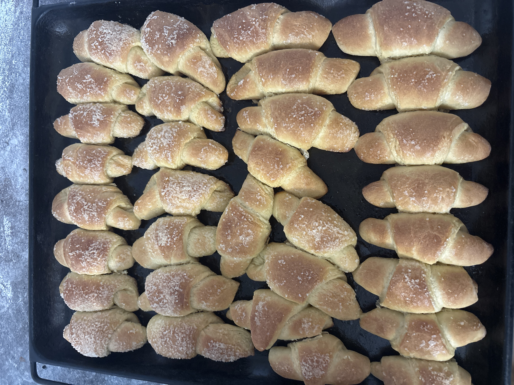 A photograph shows a baking sheet filled with approximately 30 freshly baked crescent rolls. The rolls are golden brown and appear to be dusted with a coarse, white substance, possibly sugar or salt. The baking sheet is dark and appears to be slightly worn. The rolls are arranged in neat rows, with some overlapping. The overall impression is of a homemade batch of bread. The city of Zagatuy, Russia, is not discernible from the image.