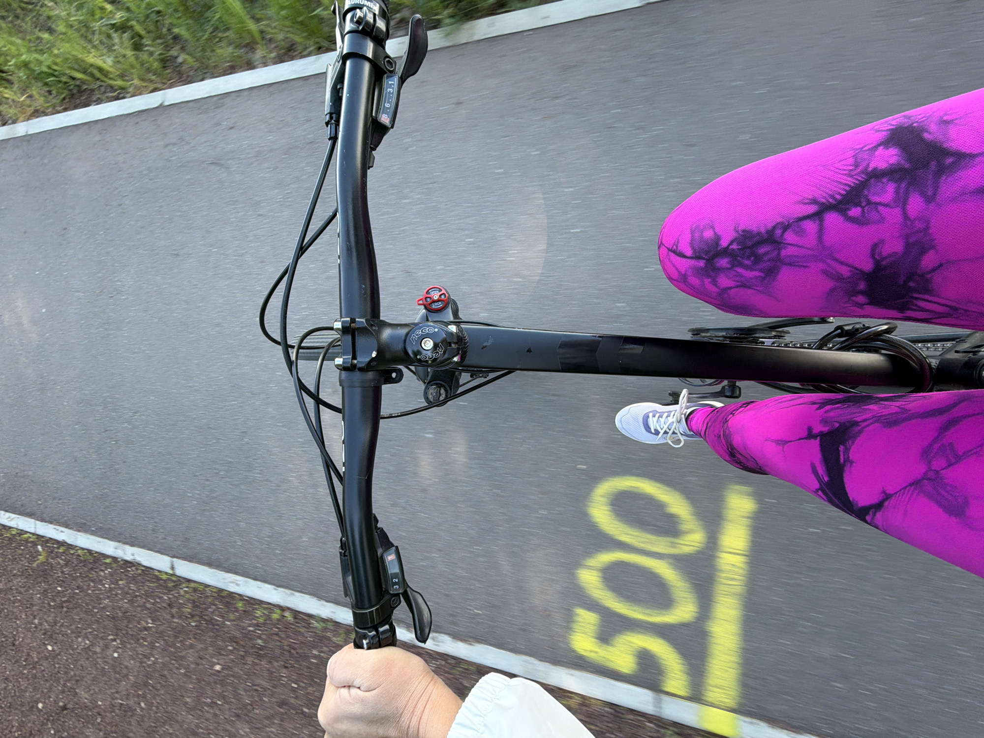 A first-person perspective image depicts someone riding a bicycle on a paved path, presumably in Chaikovsky, Russia. The rider is wearing vibrant pink leggings with a dark tie-dye pattern and white sneakers with purple accents. The bicycle's handlebars and frame are visible in the foreground. The path has yellow markings, including the number "500". The rider's hand is visible, holding the bicycle's handlebar. The background includes vegetation along the edge of the path.