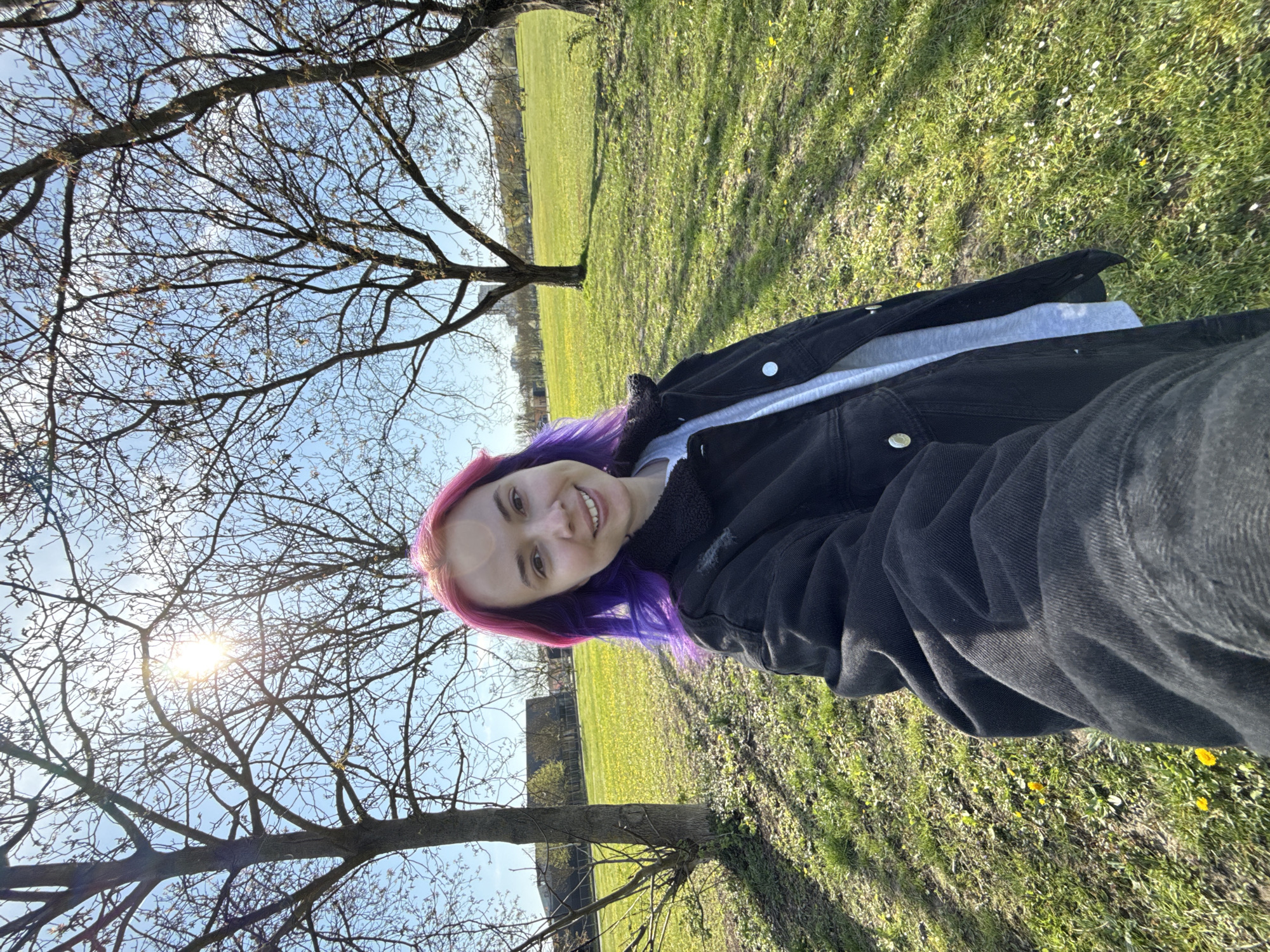 A selfie was taken on a sunny day in what appears to be a park in Zagreb, Croatia. A young woman with pink and purple hair is smiling at the camera. She is wearing a black jacket over a gray top. The background features a grassy field with scattered dandelions, a tree with bare branches partially obscuring the sky, and some buildings in the distance. The sun is visible through the tree branches. The photo appears to be rotated.