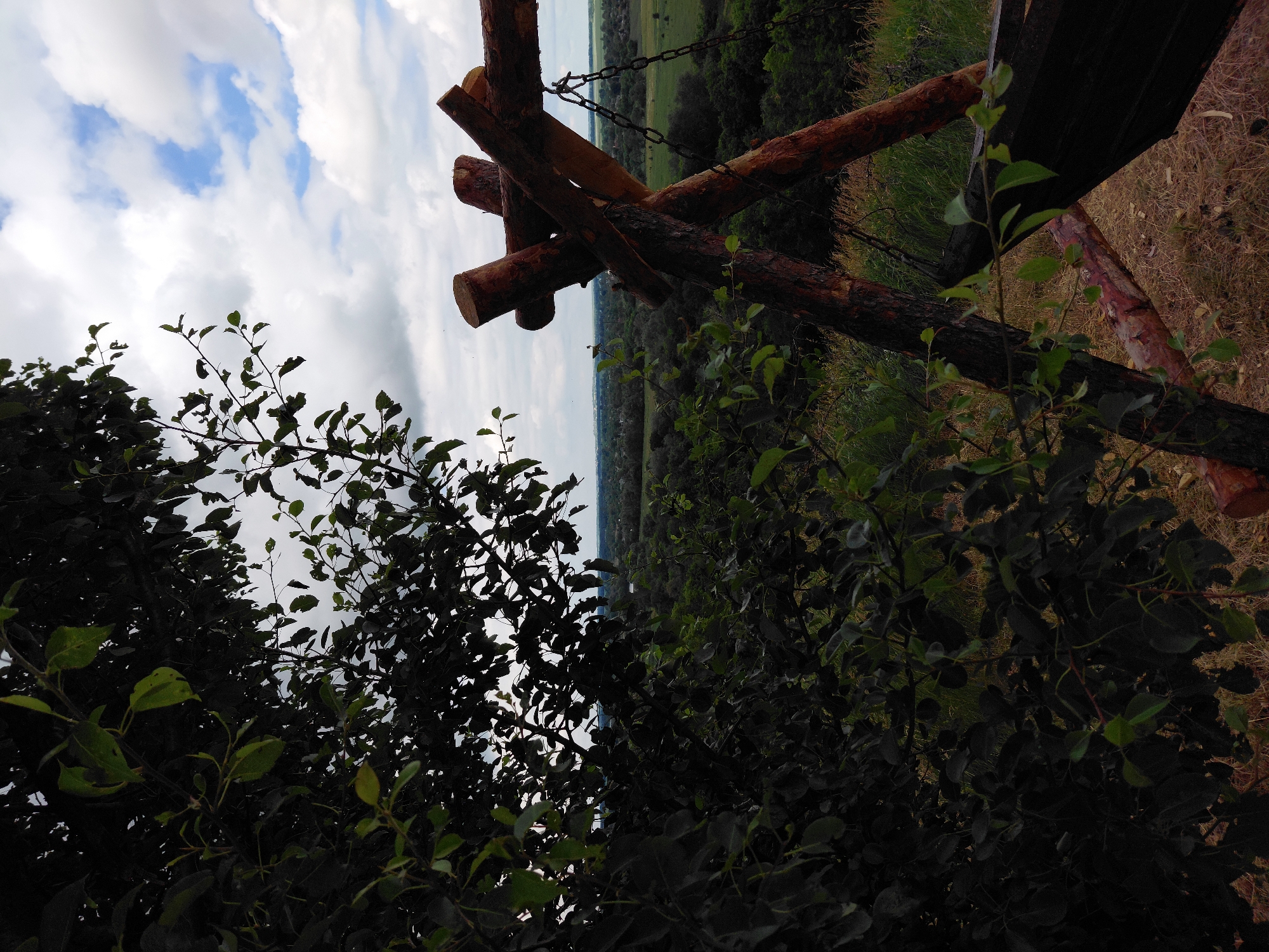 The image depicts an outdoor scene with a wooden swing frame in the foreground, constructed from rough-hewn logs. The swing frame is positioned on a grassy incline overlooking a valley filled with trees and distant buildings. A cloudy sky with patches of blue can be seen above. To the left of the swing frame, a dense cluster of dark green foliage from a tree obscures part of the view. The ground around the swing is covered in dry grass and fallen leaves. The overall impression is one of a rustic, natural setting. The location is identified as Ustyvytsia, Ukraine. There are no people visible in the image.