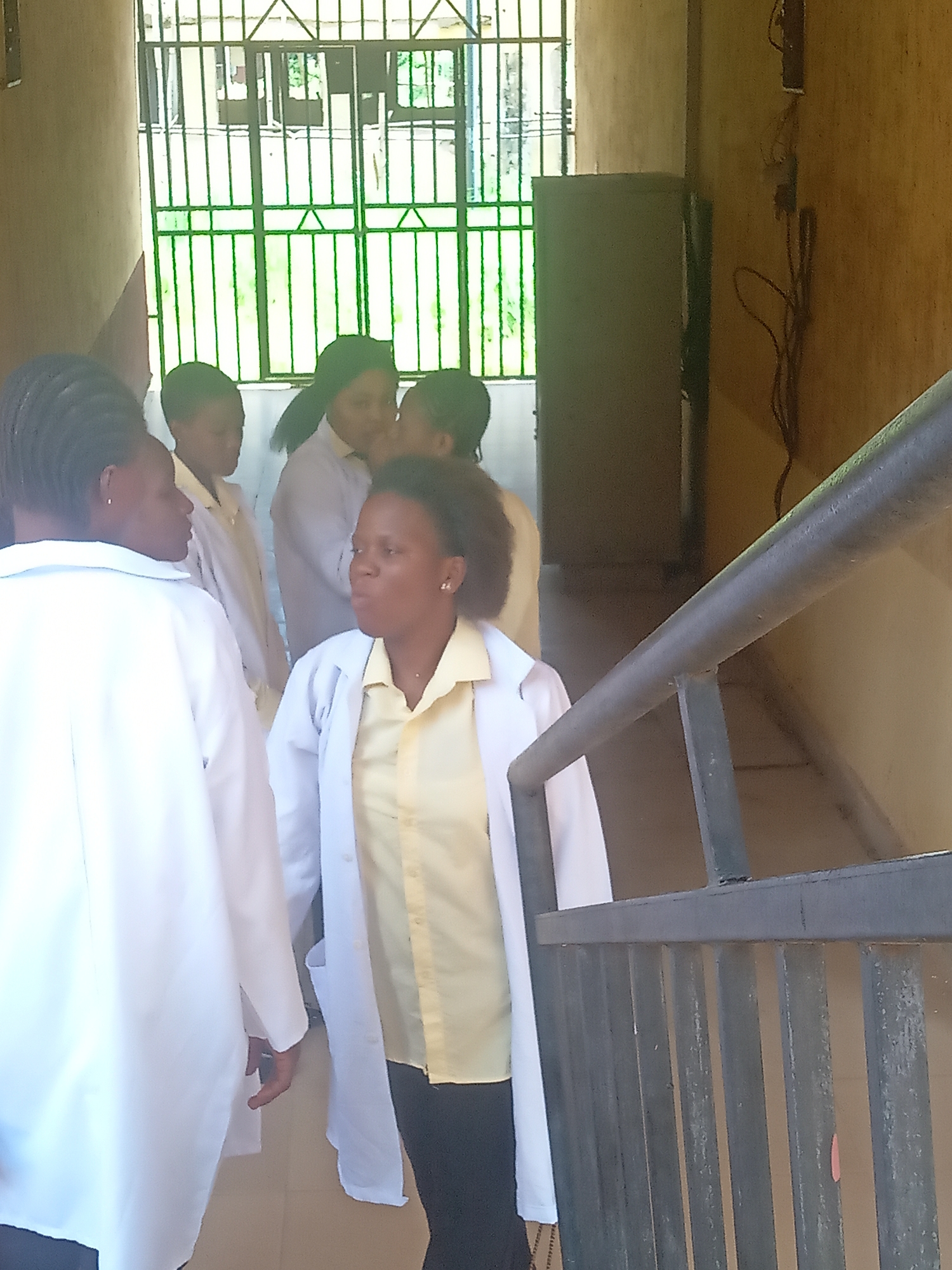 The image depicts a group of approximately six women gathered in what appears to be an indoor hallway or corridor, characteristic of an institutional building in Nkwelle, Nigeria. Many of the women are wearing white lab coats over yellow collared shirts and dark trousers, suggesting they may be students, healthcare professionals, or researchers.
The scene is well-lit by natural light streaming through a large window featuring prominent green metal grilles. Beyond the grilles, green foliage is visible, indicating an outdoor view. The walls of the hallway are a light, earthy brown or beige.
In the foreground, a woman in a white lab coat and yellow shirt stands with her back partially to the camera, seemingly engaged in conversation with another woman, also in a lab coat, whose back is largely visible. To their right, a woman in a lab coat and yellow shirt is captured mid-sentence or reaction, with her mouth slightly open and a focused expression. Behind these foreground figures, several other women are gathered near the window, also appearing to be interacting.
On the right side of the frame, a dark metal railing is prominent, suggesting a staircase or an elevated landing. A dark, possibly metal, cupboard or cabinet is visible against the far wall near the window, and some electrical wires are loosely attached to the wall in the upper right. The overall impression is a casual gathering or a brief break within a functional environment like a school, university, or clinic during the daytime. No text is visible in the image.