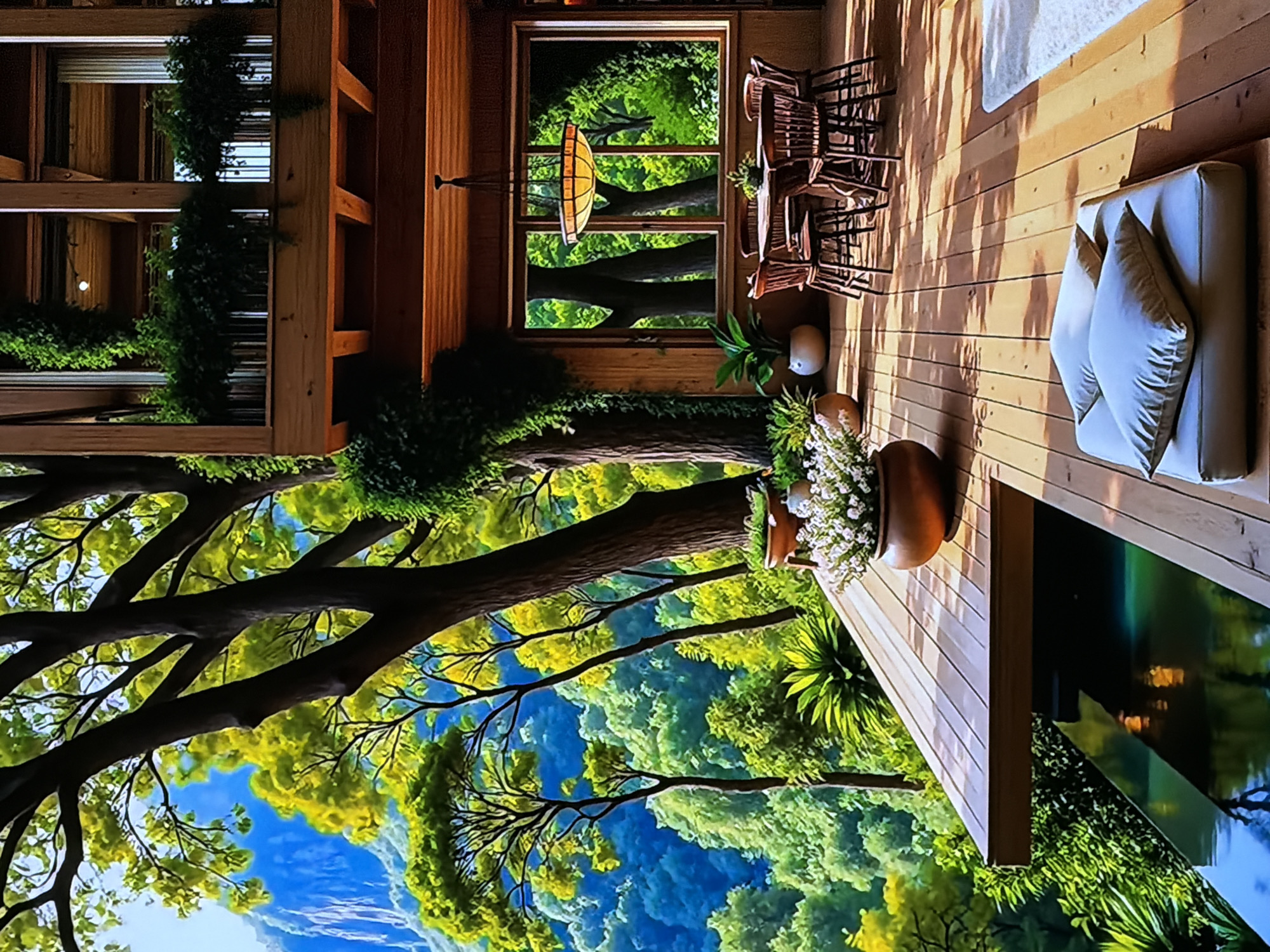This image captures a luxurious outdoor living space, likely a spacious wooden deck, seamlessly integrated into a dense forest environment in Sofiivska Borshchahivka, Ukraine. The deck features light-colored wooden planks and is furnished with a comfortable outdoor sofa, complete with light cushions and two plump throw pillows, suggesting a tranquil area for relaxation.
Adjacent to the seating arrangement is a wooden dining table surrounded by several dark-colored chairs with intricate backs, indicating a space designed for dining outdoors. Various potted plants, including a large brown pot brimming with small white flowers and other vibrant green foliage, are strategically placed around the deck, enhancing the natural aesthetic. A prominent feature is a large window offering expansive views of the lush forest, through which a unique hanging lantern is visible.
Beyond the architectural wooden elements and large windows, a vibrant forest dominates the background, characterized by mature trees with dark trunks and a rich canopy of bright green and yellowish leaves. A clear blue sky is visible above, denoting a sunny daytime setting. In the lower right portion of the image, a dark, reflective body of water, possibly a pool or pond, mirrors the surrounding greenery, adding to the serene atmosphere. No people are visible, and there is no discernible text in the image. The scene evokes a sense of peaceful luxury and profound connection with nature.