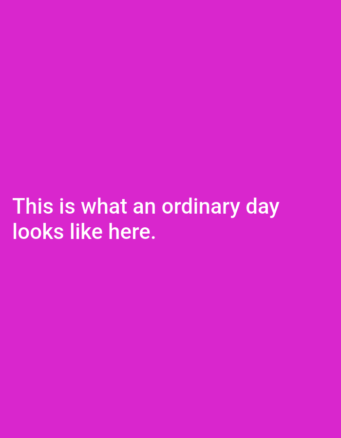 The image is a solid magenta background with white text. The text reads "This is what an ordinary day looks like here." There is no depiction of Sonobekel, Indonesia, or any discernible scene within a city.
