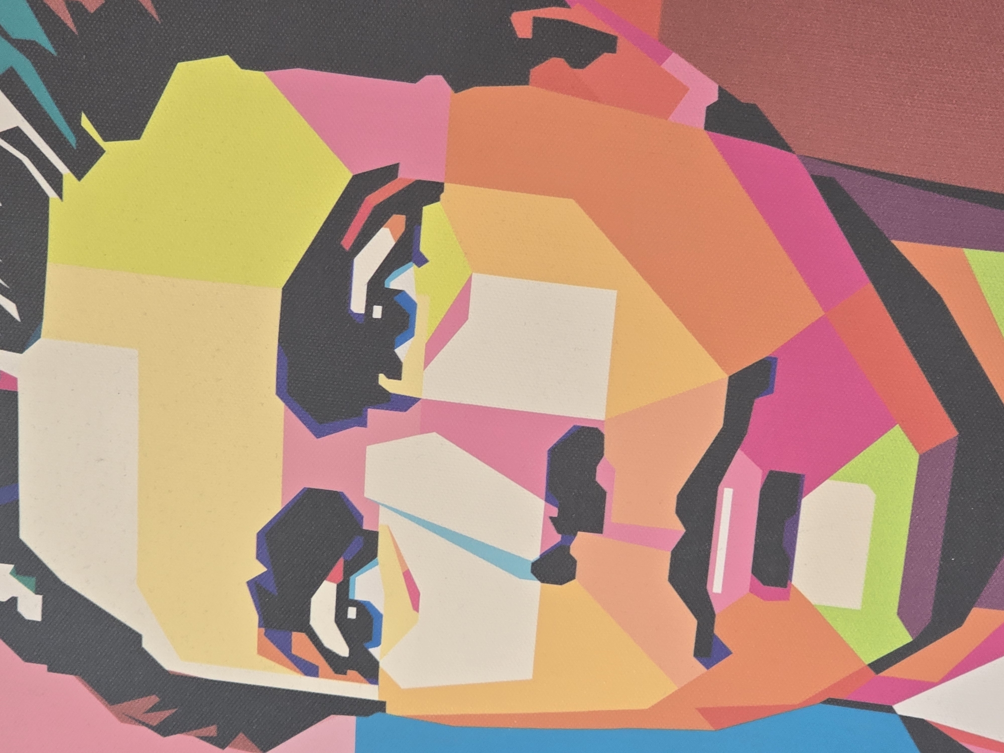 A close-up image presents a stylized, abstract portrait of a person rendered in a geometric, pop-art-inspired style. The face is constructed from various angular shapes, each filled with a different vibrant color, including yellows, oranges, pinks, blues, and greens. Dark gray or black outlines and shapes define the facial features, such as the eyes, nose, and mouth, albeit in a fragmented and simplified manner. The background is composed of additional geometric shapes in complementary colors, adding to the overall abstract and colorful aesthetic of the portrait. The artwork has a textured canvas appearance.