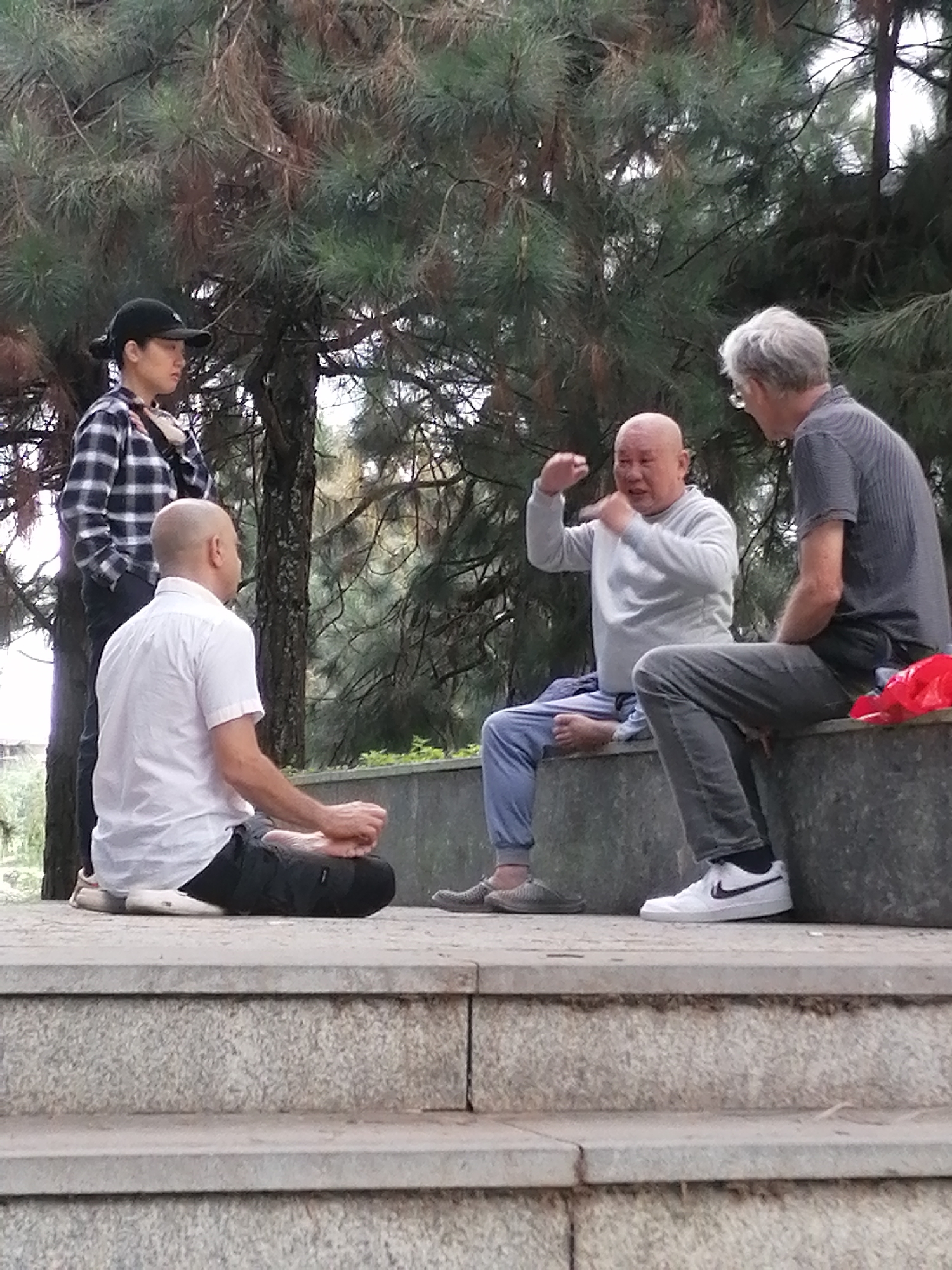 Four individuals are gathered outdoors, seated on and near a stone wall, with a backdrop of pine trees. In the foreground, a person wearing a white shirt and black pants is seated cross-legged on stone steps. To their right, another person in a grey striped shirt and grey pants sits on the stone wall, wearing white sneakers. Facing them, a bald individual in a light grey sweatshirt and blue sweatpants is also seated on the wall. Standing behind them, to the left, is a person wearing a black baseball cap and a black and white checkered shirt, with a strap over their shoulder. The scene appears to be in a park or public space. The location is the city of Da Lat, Vietnam, specifically near the Xuan Huong Lake area, known for its pine forests and park-like settings.