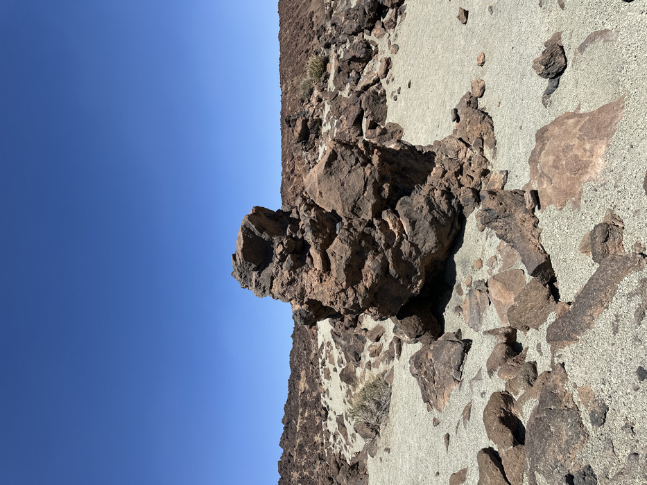 The image displays an arid, volcanic landscape under a clear, cloudless blue sky, located in the municipality of La Orotava, Spain. The central feature is a prominent, irregularly shaped, reddish-brown and dark brown rock formation, appearing to be a stack of fused boulders, positioned slightly to the right of the vertical center. This large formation exhibits varied textures and visible fracturing. The ground consists of light-colored, finely granulated soil or gravel, interspersed with numerous smaller, angular volcanic rocks of various sizes and shades of brown and red. Sparse, dry, light-colored shrubbery is visible in the mid-ground. The background extends into a rugged, darker expanse of volcanic terrain. No individuals, animals, or specific actions are depicted. The scene is brightly illuminated by direct sunlight.
