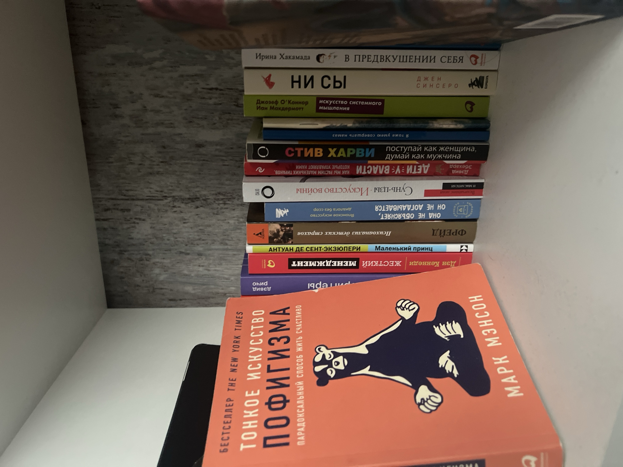 The image shows a bookshelf with several books. The main focus is on the book in the foreground, which is orange and titled "The Subtle Art of Not Giving a F*ck" in Russian. The book features a drawing of a meditating badger-like creature. Behind this book, a row of other books with colorful spines are visible. The bookshelf appears to be made of white material, and the background has a textured gray wall. The lighting suggests an indoor environment, likely a home or office. There are no people or animals present in the image. The location is unknown.