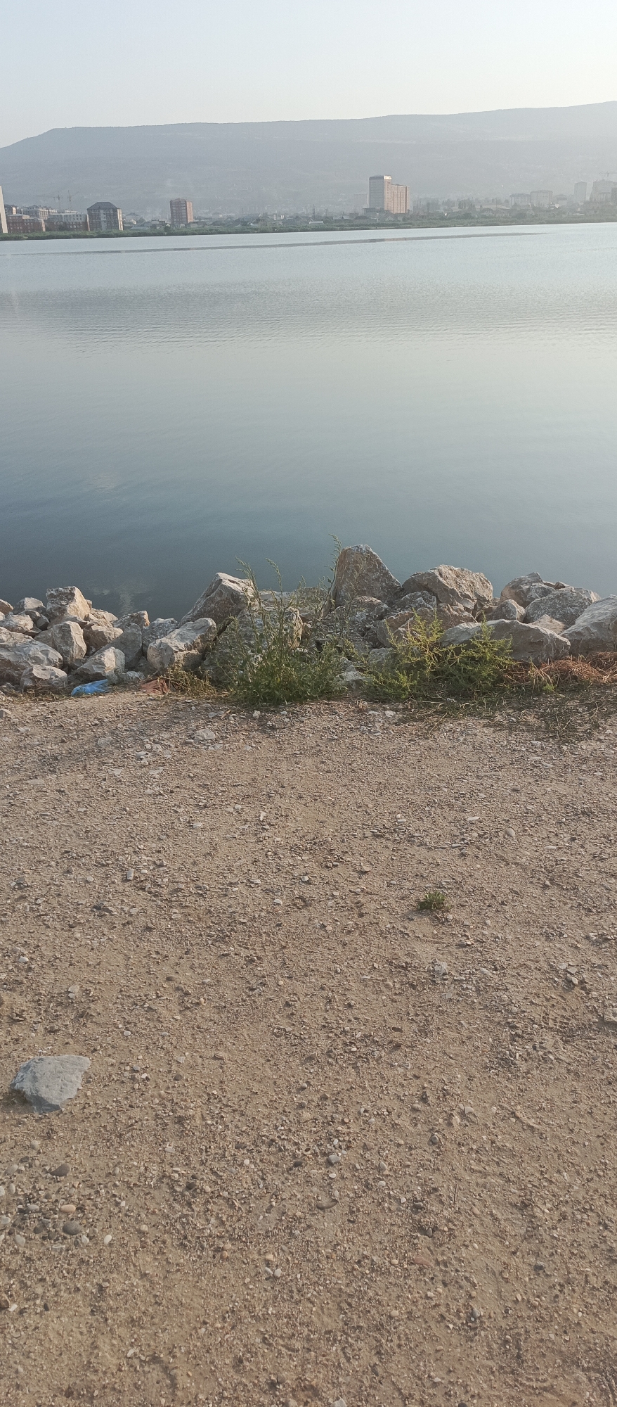 A wide, calm body of water reflects the hazy sky in the background. Along the shore, a rocky embankment is visible, with some sparse green vegetation growing between the stones. The foreground consists of a sandy and gravelly path. In the distance, a city skyline with various buildings, including some tall structures and a mountain range, is silhouetted against the horizon. The scene appears to be a quiet, possibly undeveloped area on the outskirts of a city.