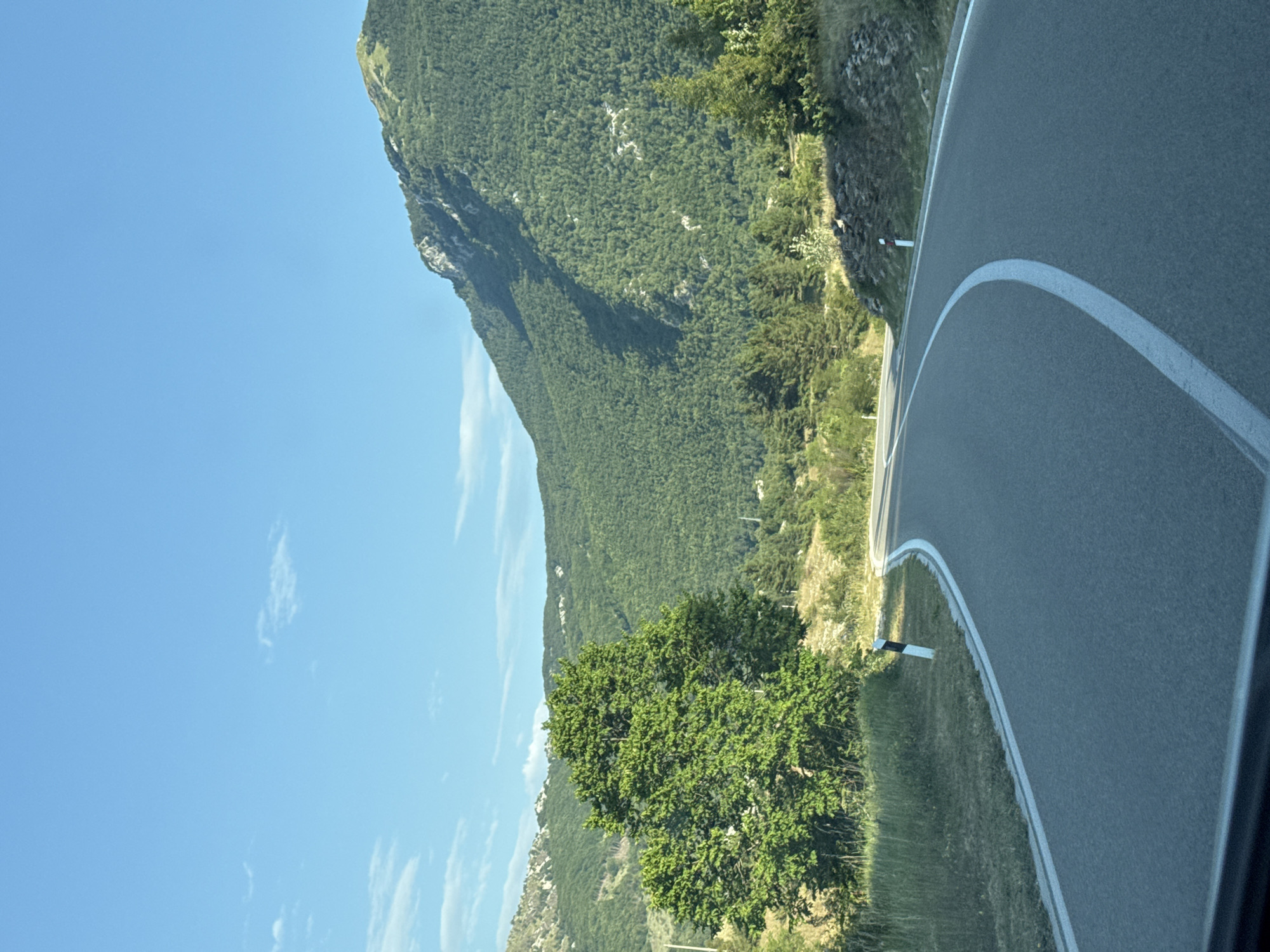 An asphalt road curves through a mountainous landscape under a clear blue sky with scattered white clouds. The road has a white line marking the center and outer edge. On the left side of the road, tall green grass and trees grow, with a larger, dense green tree prominently featured. Beyond the grass and trees, rolling green hills covered in dense forest rise. To the right of the road, the terrain is also covered in trees and rocks. In the distance, a large, steep mountain peak, also covered in trees, dominates the skyline. The scene appears to be a rural or natural setting, possibly a mountain pass or highway. The image depicts a scenic view of a road journey in a mountainous region.