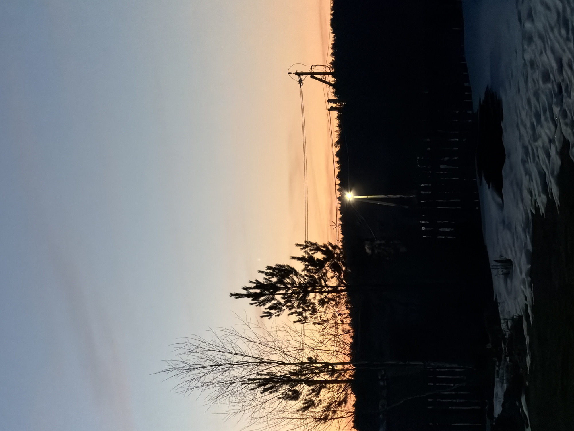 The image captures a silhouetted landscape at sunset, likely in a rural or semi-rural area near Chaikovsky, Russia. The sky transitions from a light blue to a warm orange and pink near the horizon. Silhouetted trees, including both deciduous trees with bare branches and evergreens, stand against the colorful sky. A utility pole with wires is also silhouetted. The right side of the image appears to show a body of water. A streetlight shines near the horizon. The scene is still and quiet, with the focus on the natural beauty of the sunset.