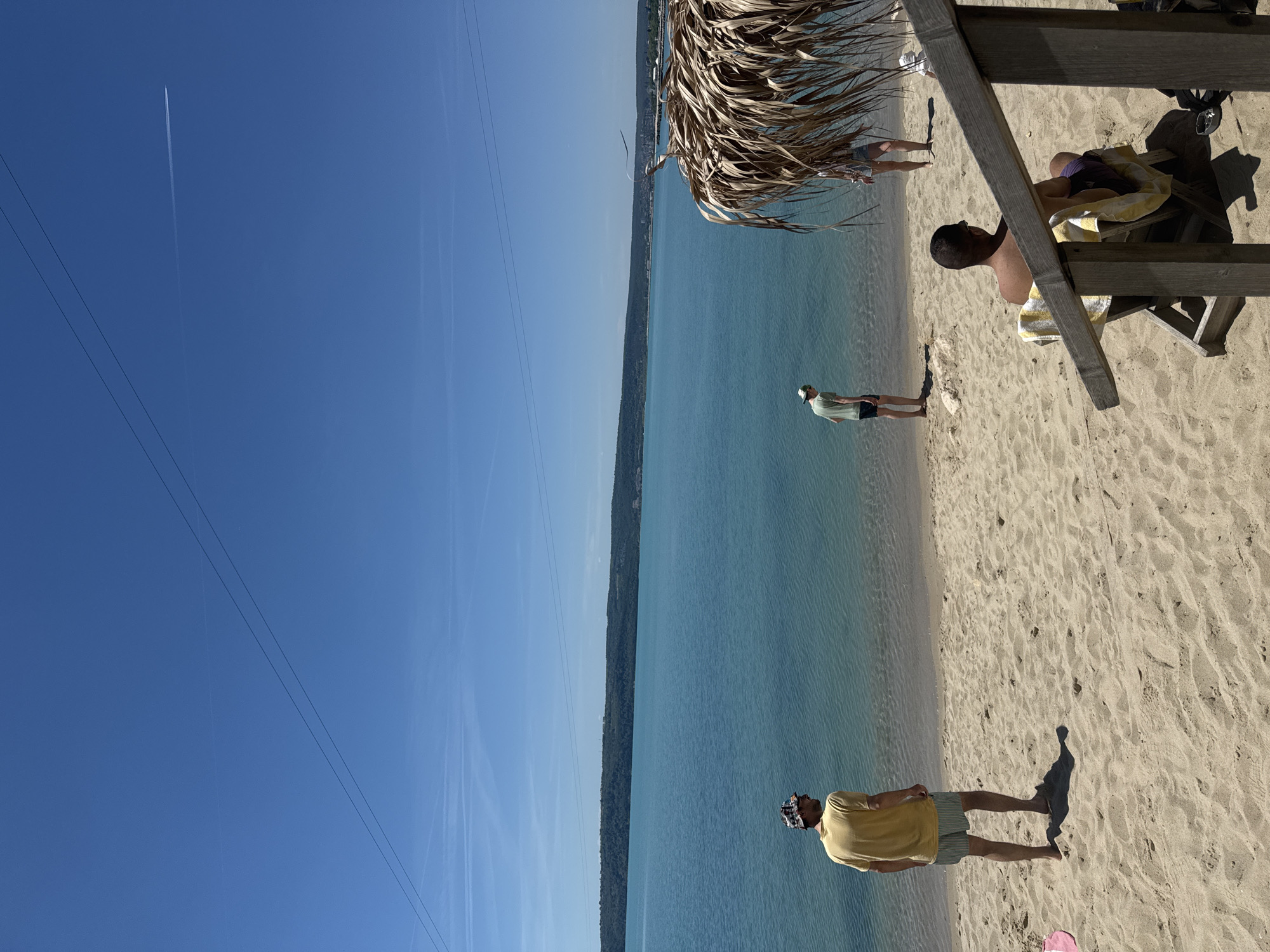 The image depicts a beach scene in Varna, Bulgaria, on a clear, sunny day. The beach borders calm, light blue water, transitioning to a deeper blue further from the shore. A tree-covered coastline is visible in the distance, separating the water from the clear blue sky.
Several people are on the beach. One person in a yellow shirt and patterned headwear stands on the sand, facing the water. Another individual in a green shirt is standing near the water. Near the edge of the water, there is one additional person. Underneath a thatched shelter, one individual is seated in a chair.
The scene suggests a tranquil beach environment with people enjoying the sunshine and the water.