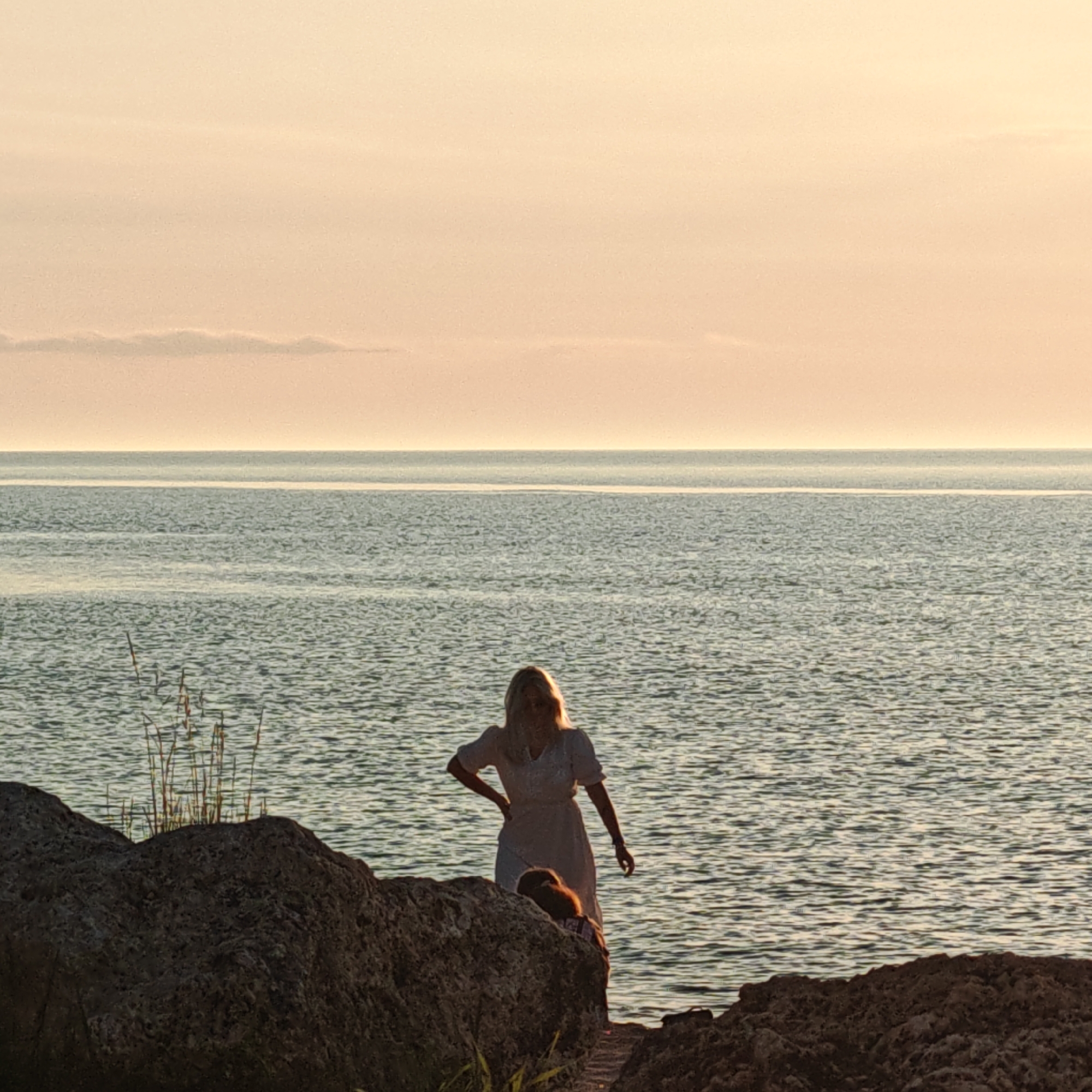A medium shot captures a woman in a light-colored dress standing on the shore of a body of water in городское поселение Щелкино, Ukraine. The sky is a pale, muted pink, suggesting either sunrise or sunset. The water is calm with subtle ripples. Large dark rocks are visible in the foreground, with some grass growing on and around them. The woman has blonde hair and is standing with one hand on her hip. A smaller figure, possibly a child or a small dog, is partially obscured behind the rocks near the woman. The overall composition is balanced and serene.
