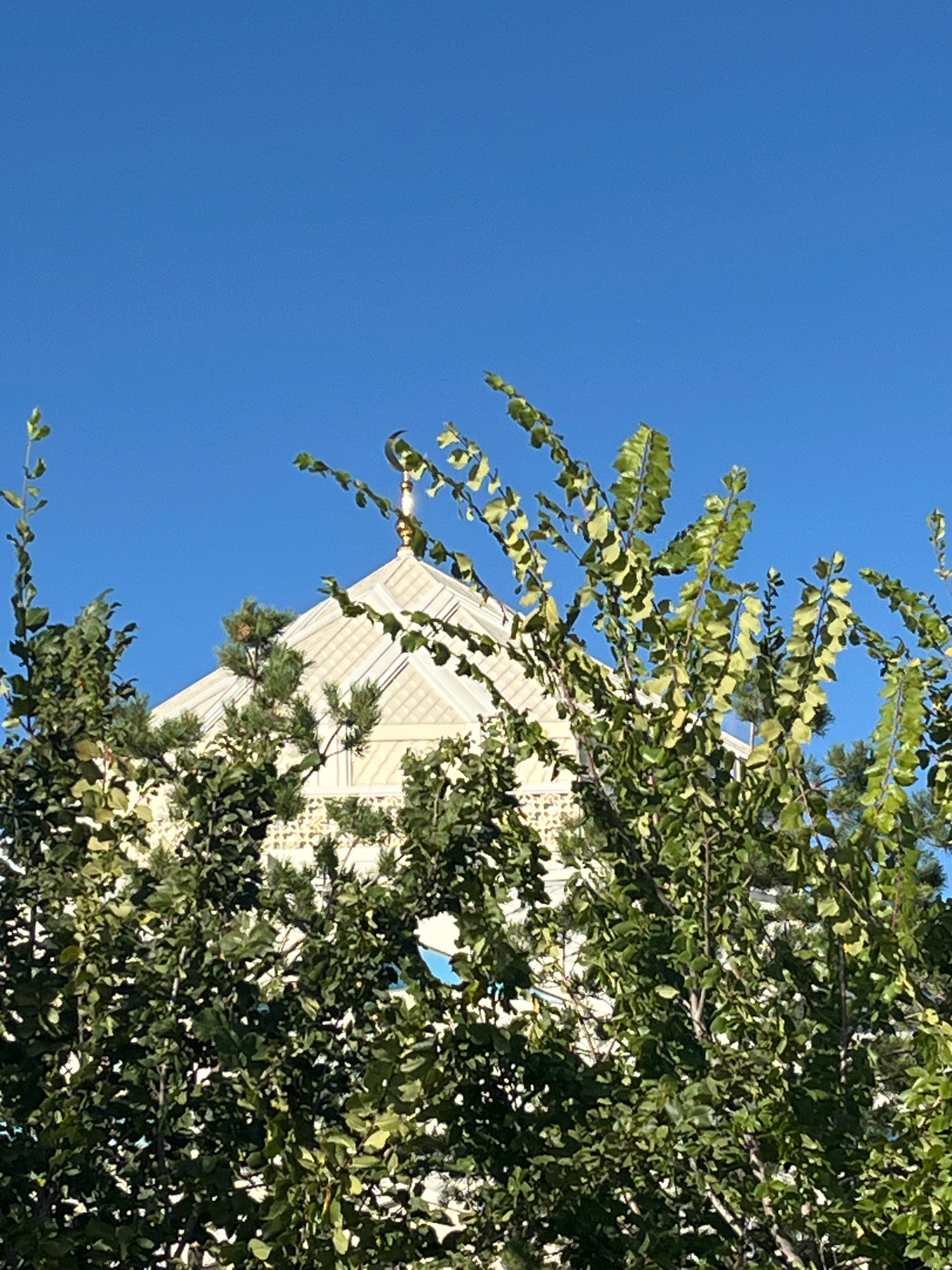 A bright, clear blue sky is visible above a white, multi-faceted building. Green foliage from trees partially obscures the view of the building, with some branches and leaves in the foreground. The building appears to be a place of worship, as it has a golden crescent moon atop its peak. The architecture is intricate and ornate. The overall impression is one of a sunny day in a city with significant religious landmarks. This building is the Hazrat Sultan Mosque, located in Astana, Kazakhstan.