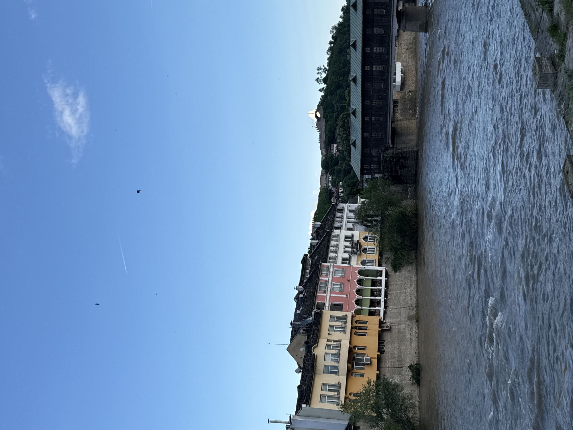 The image depicts a river scene in Lovech, Bulgaria, featuring a row of colorful buildings along the riverbank. The buildings are a mix of styles and colors, including yellow, pink, and white, with some having balconies or verandas. The river is wide and appears to have a moderate current, with visible ripples and waves. On the opposite bank, there is a large, dark building with a green roof. A forested hill rises in the background, topped with a white structure or monument. The sky is clear blue with a few clouds and contrails. There are a few black objects, presumably birds in the sky.