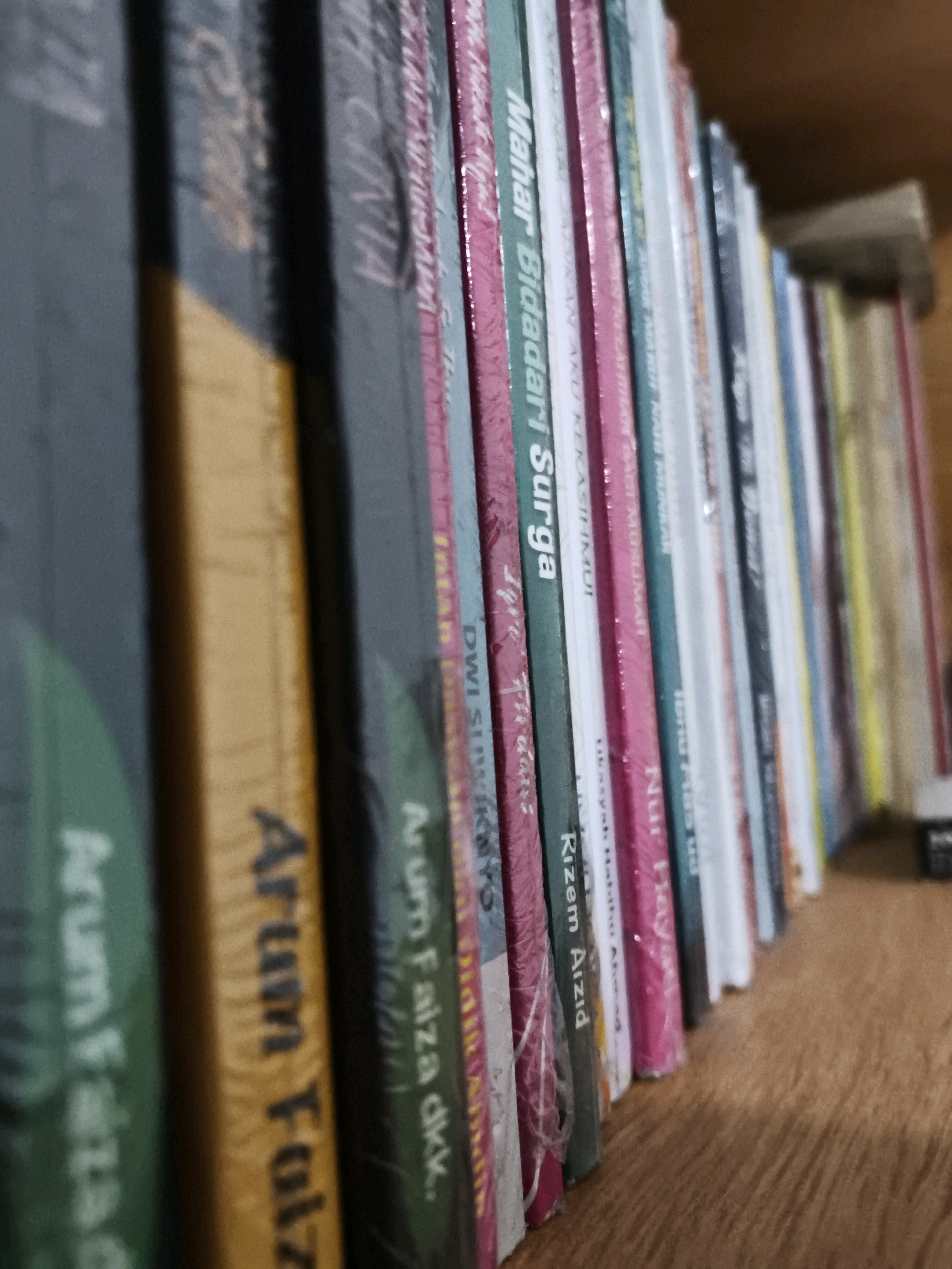 The image shows a close-up, side-view of a bookshelf filled with books, with the spines facing the viewer. The books are arranged in a row, with some of them appearing to be wrapped in plastic. The titles on the spines are in Indonesian. From left to right, some visible titles include "Arum F..." and "Arum Fulz". Further down the row, titles like "Mahar Bidadari Surga", "Nur Haya", and "Rizem Aizid" are partially visible. The bookshelf appears to be made of wood, and the lighting suggests an indoor setting. The image does not contain any people or actions. The exact location in Bulakelor, Indonesia cannot be determined from the image alone.