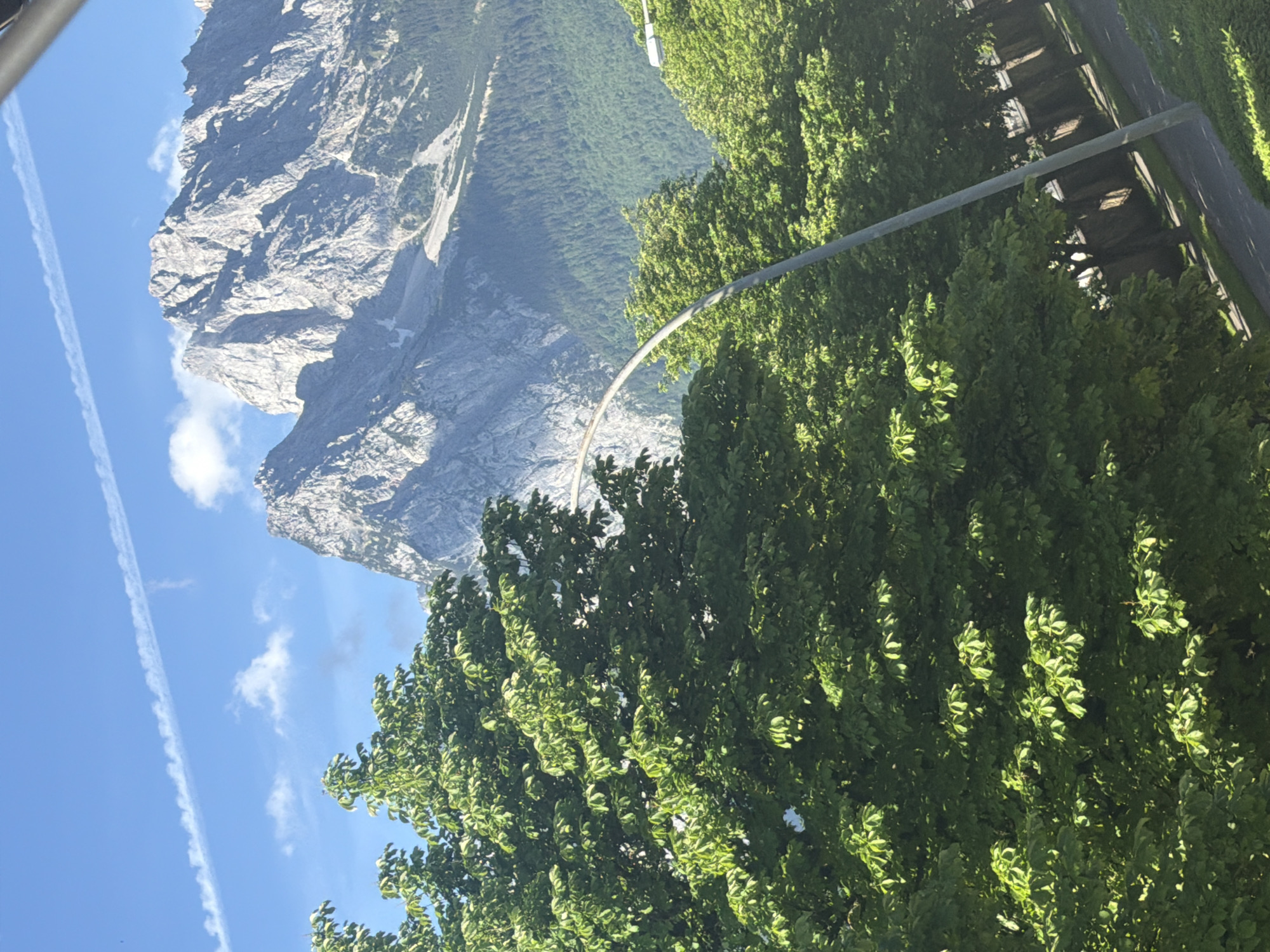 A low-angle outdoor medium shot shows lush green trees in the foreground, with a large, rugged mountain range towering in the background under a bright blue sky with scattered clouds and a contrail from an aircraft. A lamppost with a curved arm is visible on the right side of the image, leaning into the frame. A paved pathway and some fencing are visible through the trees, indicating a park or urban setting.