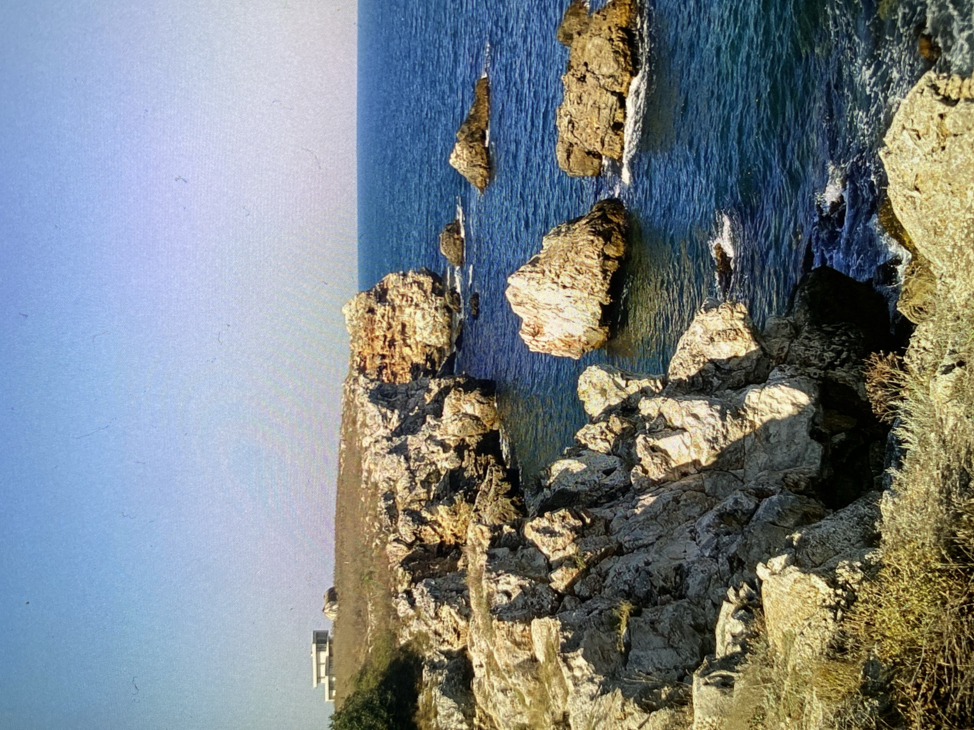 The media file presents a scenic, wide-angle view of a rugged coastline under a clear, bright blue sky. The image is rotated 90 degrees clockwise, showing the horizon line vertically.
The primary subjects are the deep blue sea and the rocky cliffs and formations that dominate the foreground and middle ground. The water is a vibrant blue, exhibiting noticeable ripples and small waves, particularly around the rocky outcrops. Several large, dark brown and beige-colored rocks are scattered in the water, some partially submerged, others standing prominently above the surface.
The coastline consists of jagged, light-colored rock cliffs that extend into the sea. These cliffs show varied textures, crevices, and shadows, indicating a sunny time of day, likely morning or late afternoon, given the directional light. Sparse, low-lying green and golden-brown vegetation, resembling scrub or bushes, grows on the clifftops and within rocky crevices. One close-up crop reveals a darker recess or potential cave entrance within the cliff face.
The sky is a uniform, clear light blue, stretching towards the horizon. In the far distance, on the landmass above the cliffs, a small, white, modern-looking building or structure is faintly visible.
There are no people or discernible activities taking place, making it a serene landscape. No text is visible within the image. Minor specks and imperfections are present, likely from the capture method or screen display.
It is important to note that this image depicts a distinct coastal environment, which is inconsistent with the provided location context of Bankya, Bulgaria, an inland town known for its mineral springs. The scene strongly suggests a rocky sea coast.