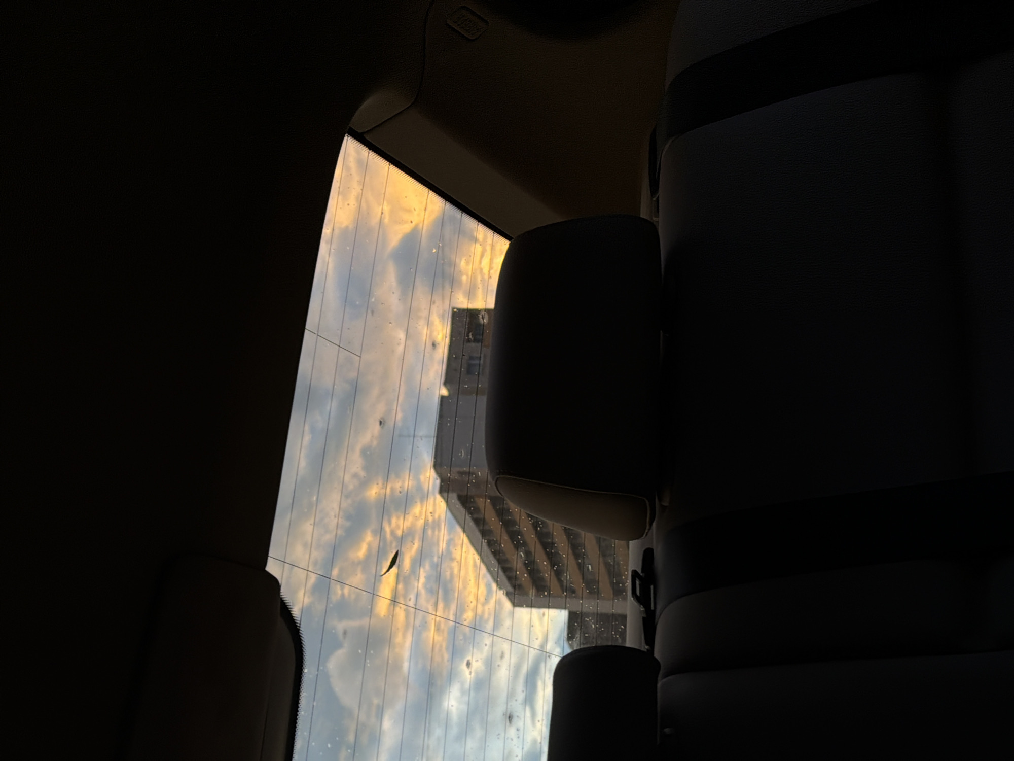 The image is taken from inside a vehicle, looking out through the rear window. The window is slightly dirty with water spots and a small leaf stuck to it. Outside the window, a tall building is visible against a sky with golden and blue hues, possibly indicating sunset or sunrise. The building has a grid-like pattern of windows. The interior of the car is mostly dark, with the back of the seats visible. The headrests are light grey.
The building looks like the Capital Fort Business Center, so the location is likely in the vicinity of Sofia, Bulgaria.