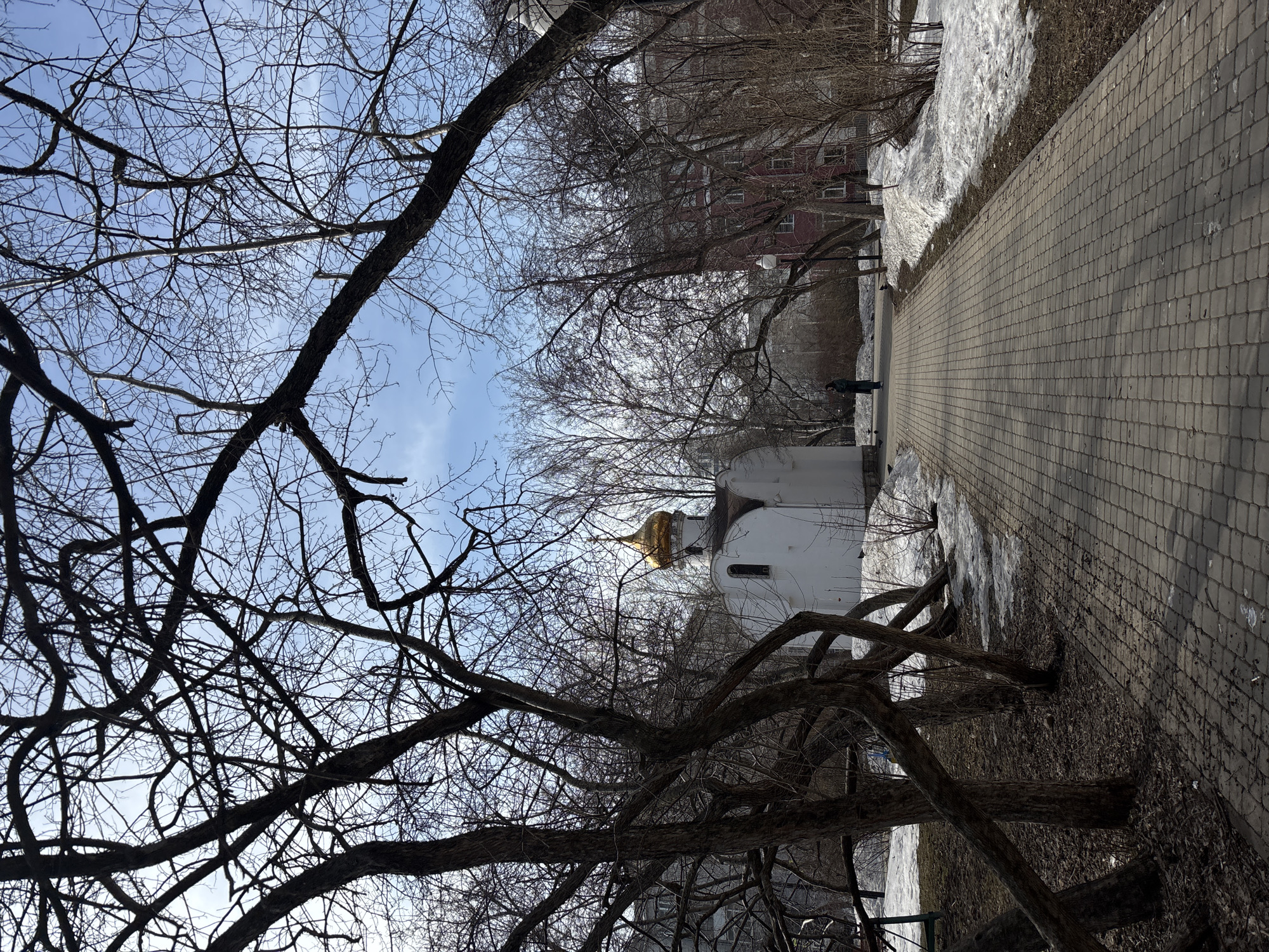 The image captures an outdoor scene in Perm, Russia, likely during late winter or early spring as there is snow on the ground. A paved pathway runs diagonally across the frame, leading towards a small white building with a distinctive gold dome, indicating a religious structure, possibly a chapel or small church. The building is partially obscured by leafless trees, their branches forming a dense network in the foreground. A red brick building is visible in the background, partially hidden by more trees. A figure is seen standing on the pathway near the white building. The sky is pale blue with thin clouds.