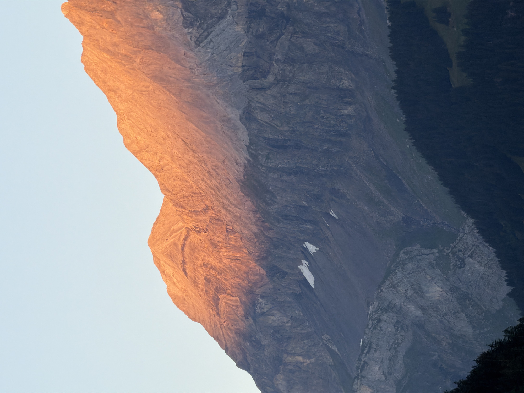 The image shows a close-up view of rugged mountain peaks in Kandersteg, Switzerland. The upper portion of the mountains is illuminated by warm, orange sunlight, suggesting it is either sunrise or sunset. The lower slopes are in shadow, revealing dark grey rock faces and patches of snow. A dense forest of dark green pine trees covers the bottom of the image, with a small, grassy clearing visible on the far right. The sky above is a clear, pale blue. The scene depicts a natural, alpine landscape without any visible human presence or structures.