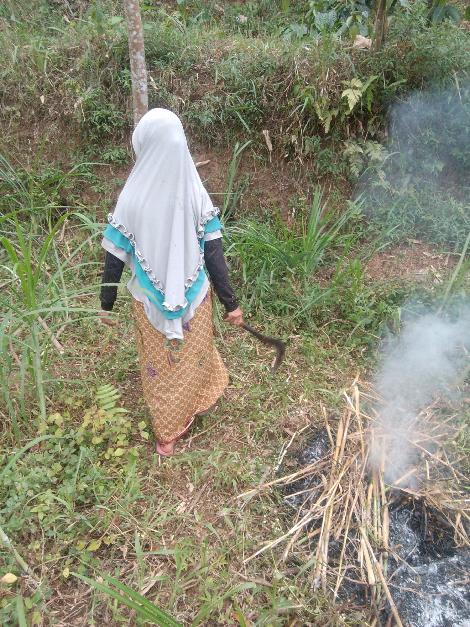 A person wearing a light-colored hijab and a patterned skirt is standing in a grassy area with a sickle in their hand. They are facing away from the camera, towards a small fire in the foreground that is emitting smoke. The environment appears to be outdoors, possibly in a rural or semi-rural setting, with abundant vegetation and a dirt path or slope visible in the background. The overall scene suggests an agricultural or outdoor task being performed.