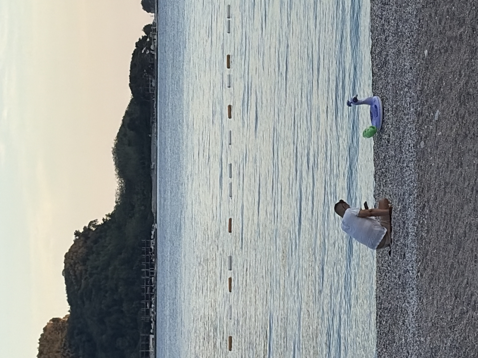 A person in a white t-shirt and light-colored shorts is kneeling on a pebble beach, looking at a smartphone. To the right of the person is a purple inflatable swan float with a green ball attached to its tail. The sea stretches out beyond the beach, with a line of buoys in the water. In the background, a tree-covered hill rises from the water, with buildings visible along its base. The sky above is a pale, clear hue, suggesting either dawn or dusk. This scene is likely captured on one of the beaches in Budva, Montenegro, potentially near the old town, given the characteristic pebble beaches and the view of hills.