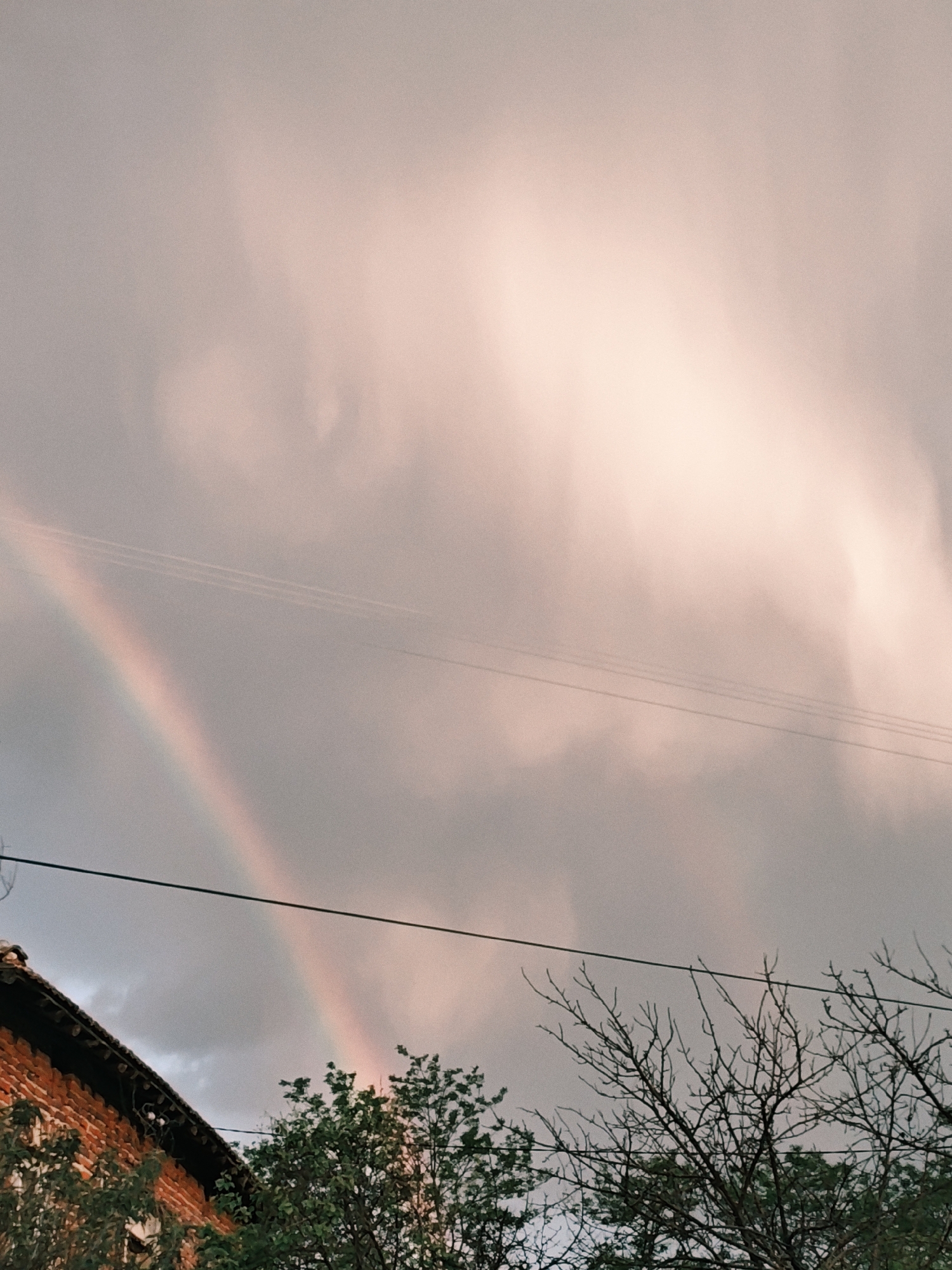 A rainbow appears in the sky over a building and trees. The building, made of brick, has a dark roof. Trees with green leaves are visible in the foreground, and bare branches are on the right. Power lines run across the scene. The sky is cloudy. Location: Unknown, Unknown.
