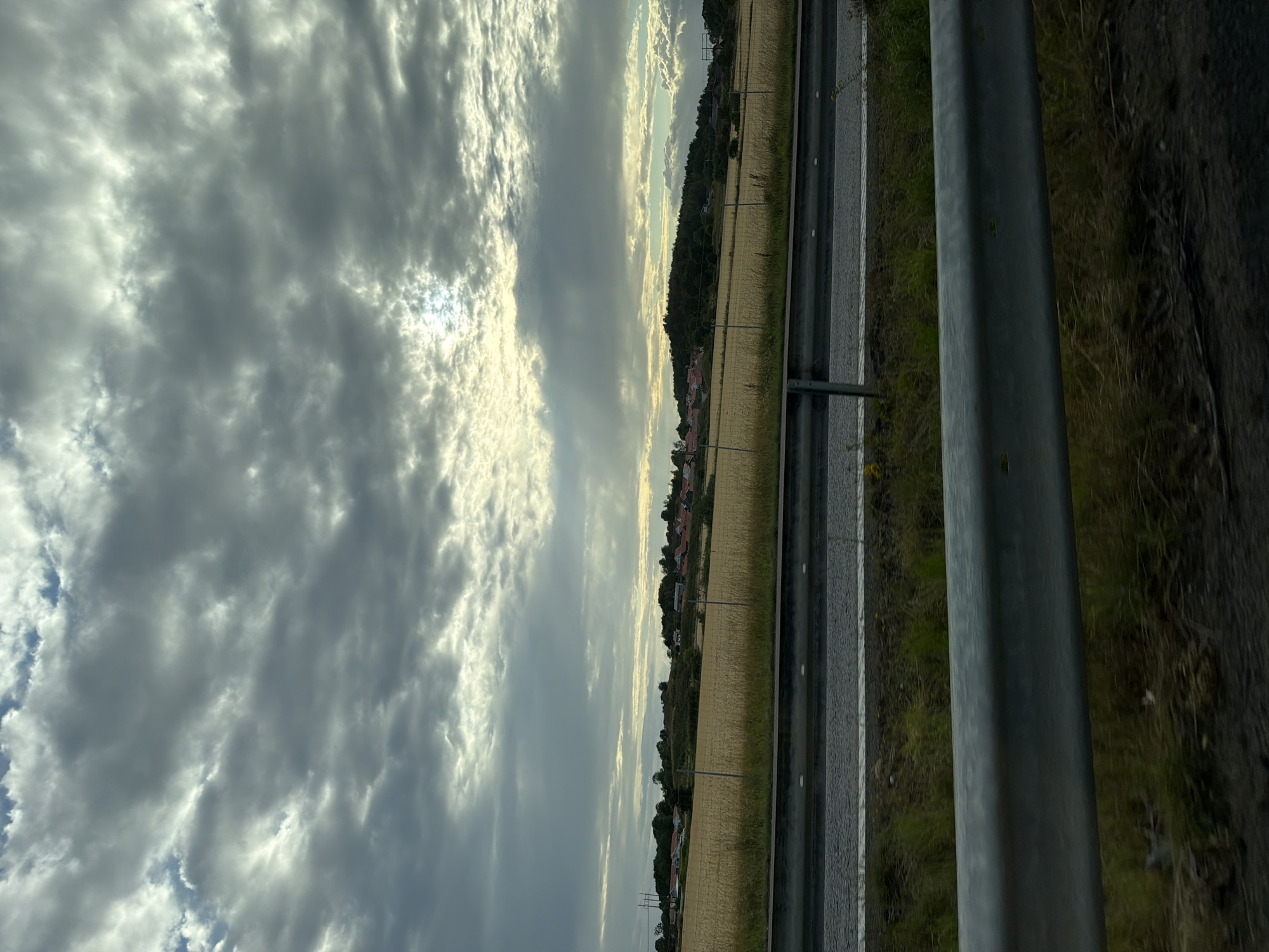 The image captures a view from a moving vehicle, likely on a highway, looking towards a rural landscape in Trönninge, Sweden. The sky is dominated by dramatic, textured clouds in shades of gray and white, with shafts of sunlight breaking through in the distance. Below the sky, a vast field of golden-brown crops, possibly wheat or barley, stretches across the middle ground.
Several clusters of houses, with red-tiled roofs and white walls, are scattered across the landscape, nestled among trees and on gentle hills. A dark green treeline forms a backdrop to the field and houses, with a prominent hill rising in the right half of the image.
In the foreground, a silver metal guardrail runs horizontally across the lower part of the frame, indicating the perspective is from a roadside. Beyond the guardrail, there is a paved road with white lines, and a strip of grassy verge with wild vegetation. The overall impression is one of a serene, overcast day in the Swedish countryside.