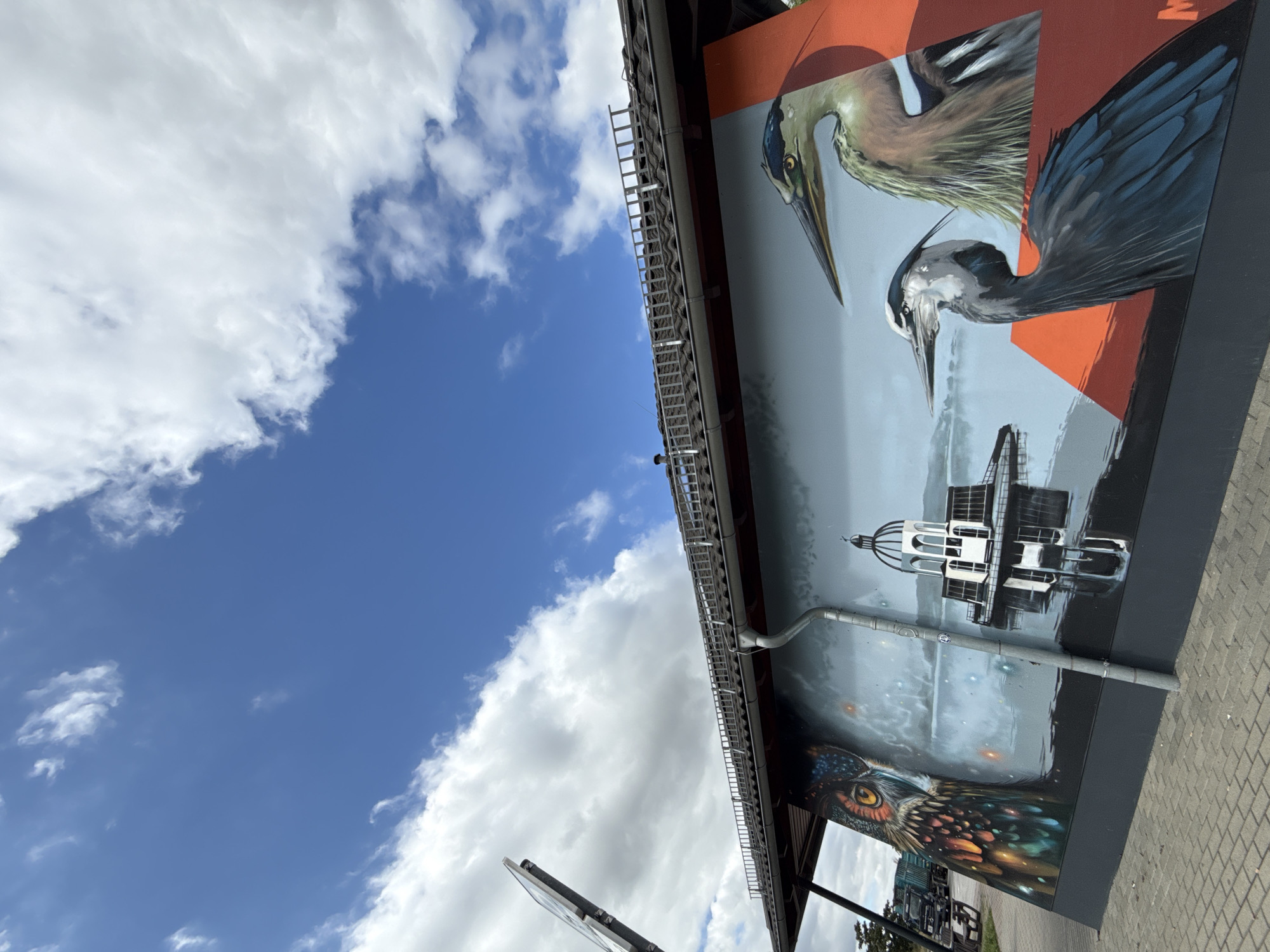 The image shows a mural on the side of a building in Großpösna, Germany. The mural depicts several subjects: an owl with colorful feathers, a white domed structure on the water with a reflection, and two herons. The sky is blue with white clouds. A metal gutter runs down the side of the building, intersecting the mural. A paved walkway is visible in the foreground. In the background, there is a glimpse of a truck and some trees, suggesting an outdoor public space.