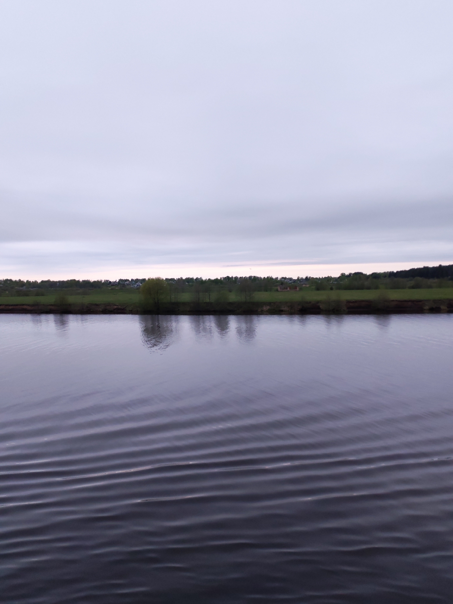 The image shows a body of water, likely a river or a wide stream, with gentle ripples on the surface. The opposite bank features a strip of land with green vegetation and a line of trees. Beyond the trees is a flat, green area that might be a field or meadow. The sky is overcast with a thick layer of grey clouds. It's difficult to confirm the location definitively as Фёдоровка, Russia based on the image alone, but the landscape is consistent with the general environment in that region.