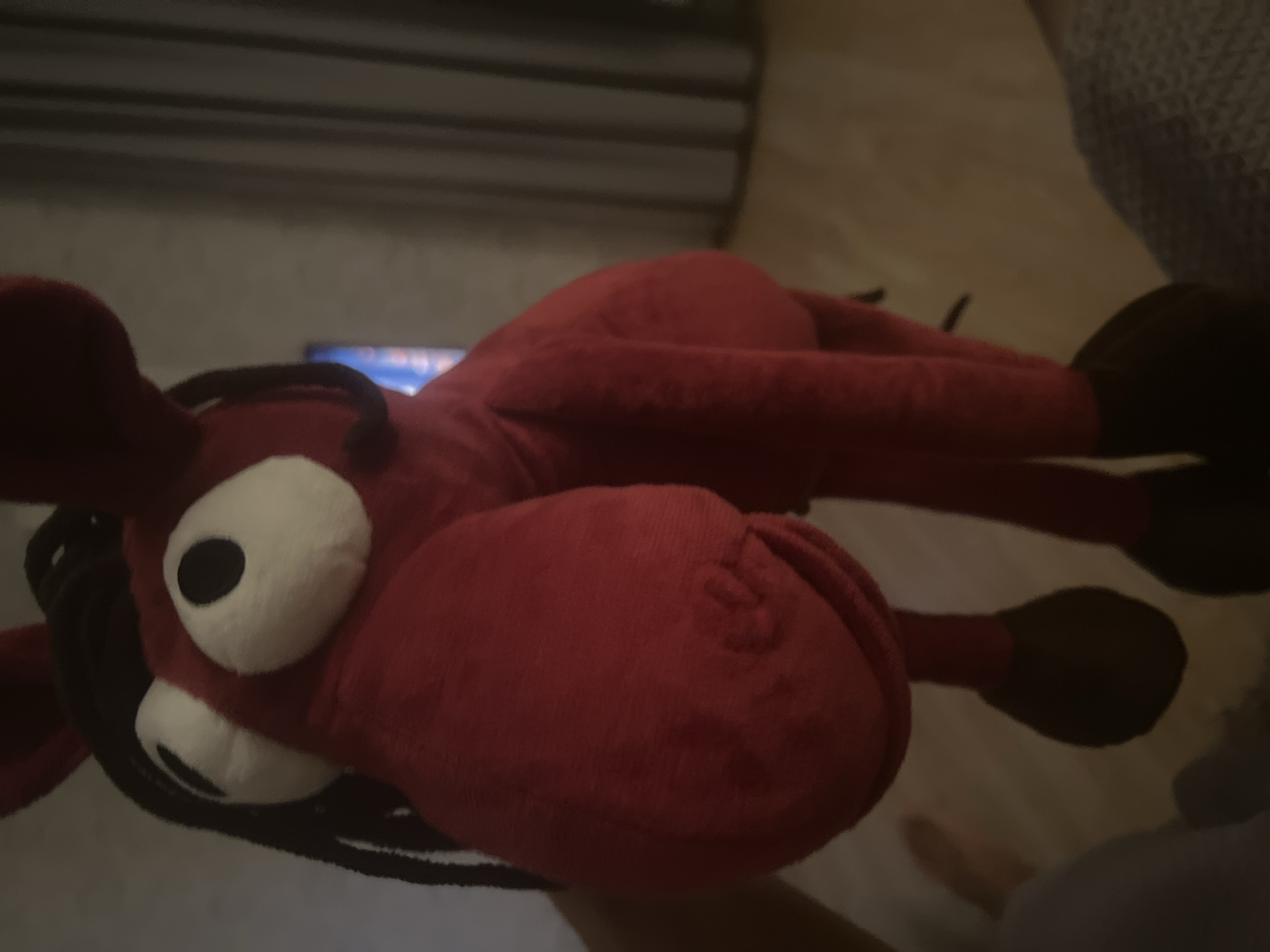 A red plush horse toy with large, white and black eyes and black yarn for hair is held in someone's hand. The toy is positioned in the foreground, and its body is soft and rounded. The background shows a wall with vertical blinds and a faint television screen. The scene appears to be indoors. There is no visible indication of the city of Bobrovka, Russia.