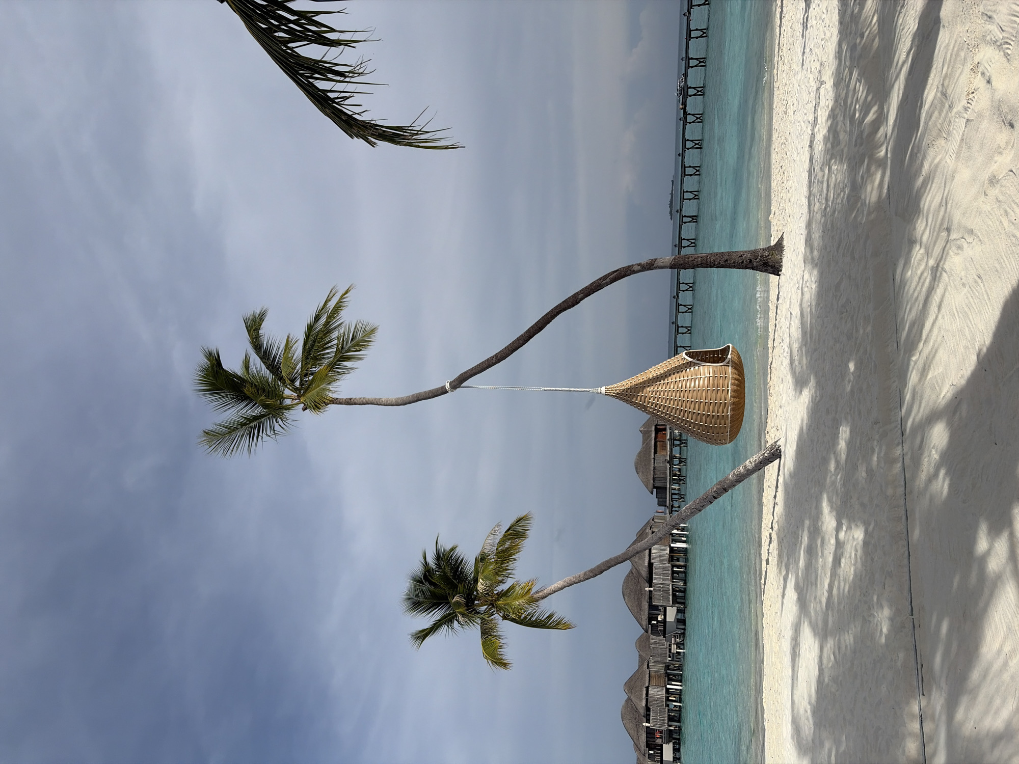 The image depicts a tropical beach scene in Halaveli, Maldives, under a cloudy sky. In the foreground, a pristine white sand beach is partially shaded by the fronds of palm trees. A woven basket-style swing hangs from the trunk of a leaning palm tree, positioned over the sand.
In the mid-ground, the turquoise waters of the ocean meet the shore. Several overwater bungalows with thatched roofs are visible in the distance, built on stilts over the water. A wooden pier extends into the ocean, with a boat visible in the far distance. The overall atmosphere is tranquil and idyllic, characteristic of a luxury resort destination.