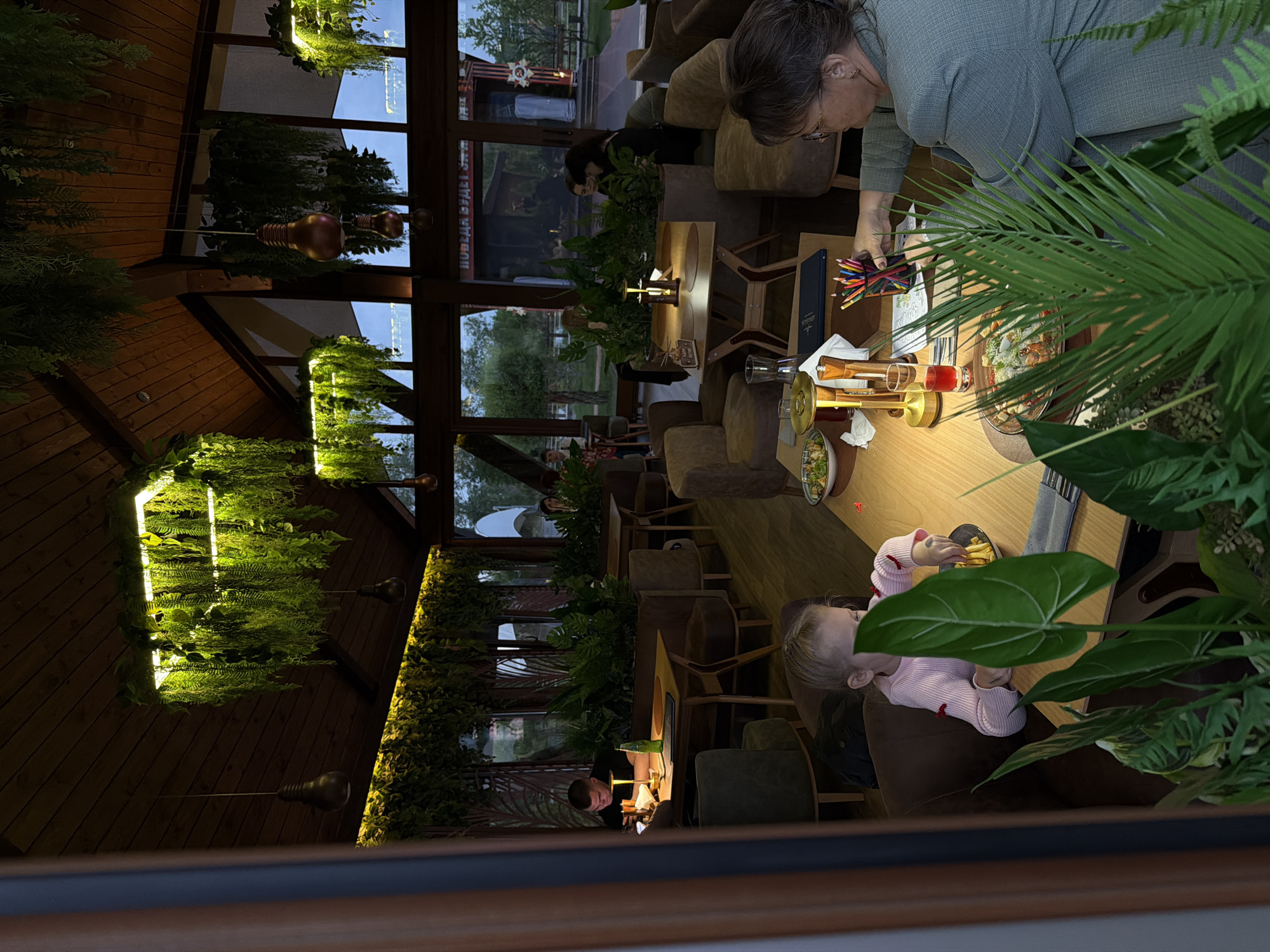 The image shows the interior of a restaurant in Kamyshin, Russia. The restaurant has large windows and is decorated with hanging plants and wood paneling. Several people are seated at tables. An older woman is seated at a table near the top of the frame, where she appears to be preparing colored pencils. A child in a pink outfit is sitting at the same table, eating french fries. Another person is visible at a table in the back of the restaurant, and there's a partially obscured view of what appears to be an outdoor area. A commemorative sign, which likely celebrates Victory Day, is visible through the windows.