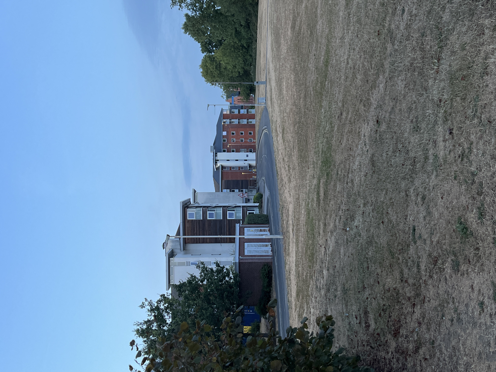 This image captures an exterior view of apartment buildings in the city of Guildford, United Kingdom, likely during late afternoon or early evening. The foreground is dominated by a dry, parched grassy field, indicating a period of hot or dry weather. A tree with dark green leaves is visible on the left side of the frame, partially obscuring a blue shipping container with yellow signage.
In the middle ground, a light-colored apartment building with dark wood accents and multiple windows stands alongside a red-brick building with similar window arrangements. A paved road curves in front of these buildings. Adjacent to the road, there are lampposts and what appears to be a small, shed-like structure with white shuttered windows. Further down the road, another red-brick apartment building can be seen, partially framed by dense green trees. The sky is a pale blue with some faint cloud formations. There are no people or animals visible in the image. The scene conveys a sense of residential urban landscape under dry conditions.