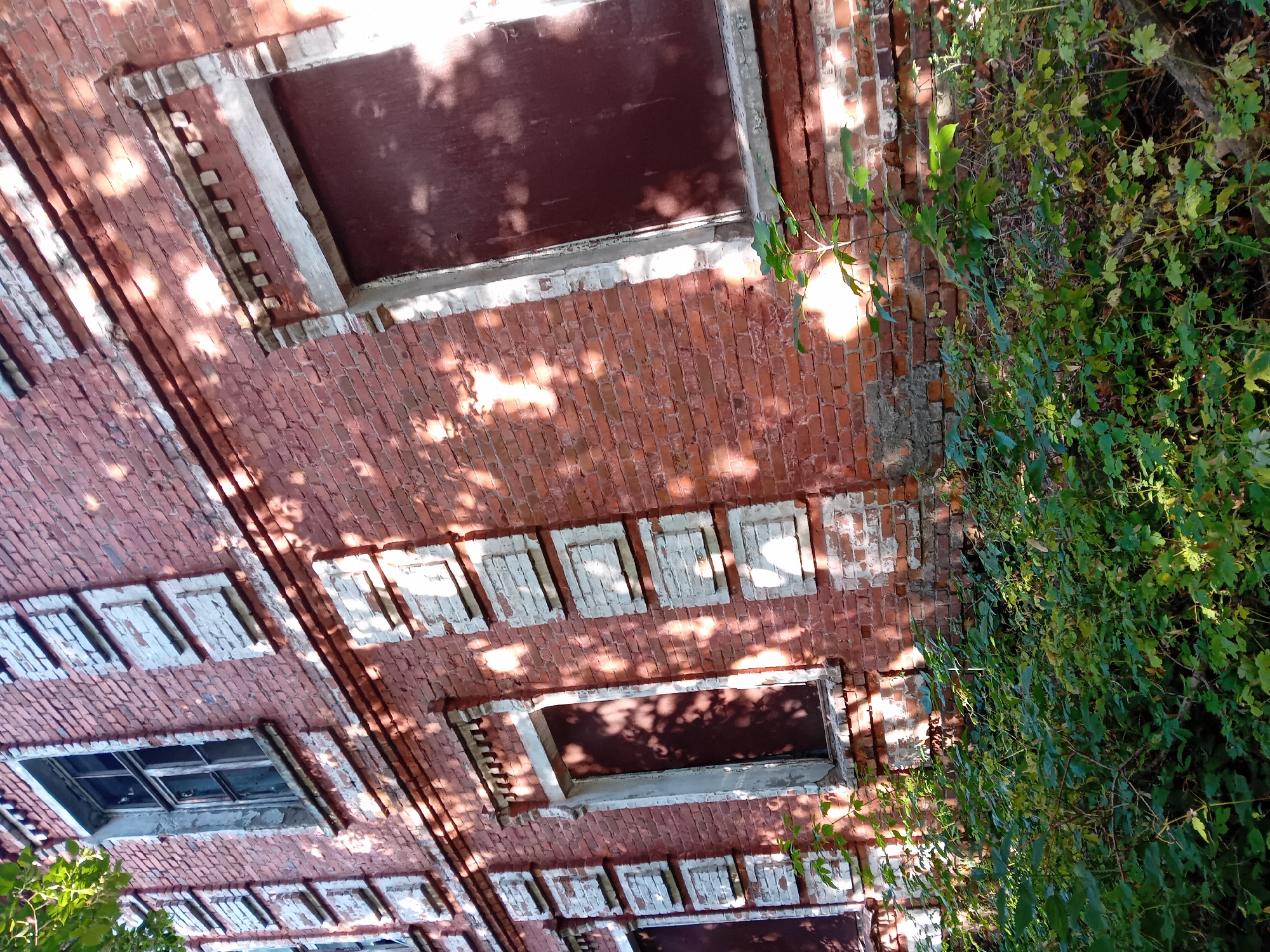 The image shows the side of an old, red brick building in Chuhuiv, Ukraine. The building has several windows, some of which are boarded up with dark brown material. The windows have white decorative frames that are peeling. Sunlight filters through tree branches, casting dappled shadows on the brickwork. Overgrown green bushes and vegetation are visible in the foreground, partially obscuring the lower part of the building. A single, broken window on the upper floor reveals darkness within.