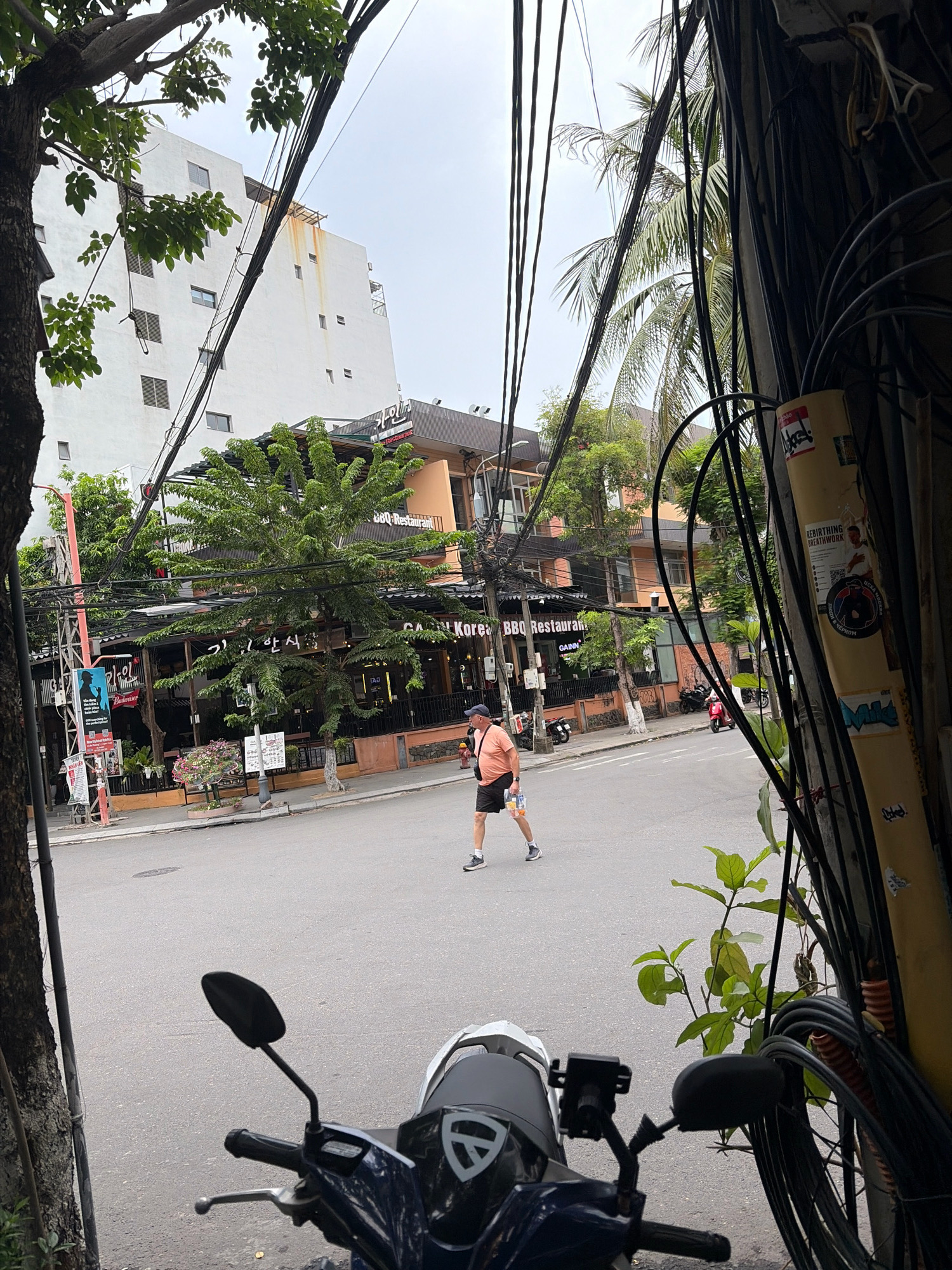 This is a photograph taken in the city of Da Nang, Vietnam, on a street with moderate pedestrian and vehicular activity. In the foreground, the handlebars and part of the seat of a dark blue scooter are visible. The scooter is parked on the side of the street.
The background shows a street with a man walking across it, carrying a clear plastic bag with items inside. He is wearing a light orange t-shirt and dark shorts. There are several buildings lining the street, including a multi-story white building with a grid of windows, and a lower building with an orange facade that appears to be a restaurant, indicated by signage that reads "KARAOKE" and "BBQ Restaurant." Palm trees and other greenery are interspersed between the buildings. Overhead, a complex network of electrical and communication wires is prominently displayed, crisscrossing the frame. The sky is overcast. The scene depicts a typical urban streetscape in Da Nang.