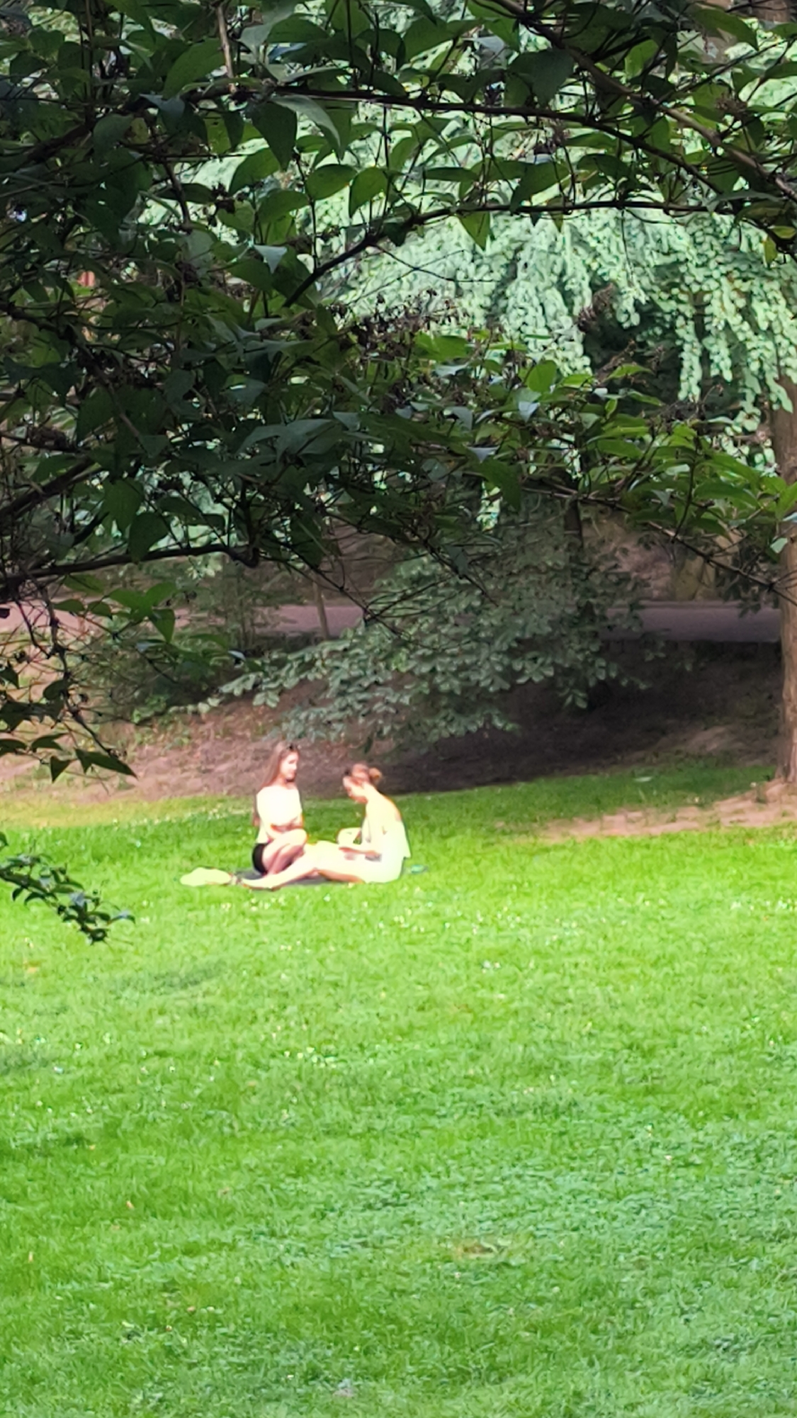 Two young women are sitting on a green grassy lawn, possibly picnicking, under the shade of trees. The woman on the left is wearing a light-colored top and dark shorts, while the woman on the right is wearing a light-colored garment. They are facing each other, suggesting an interaction. The background consists of dense foliage and a slight incline. This scene appears to be within the city of Lviv, Ukraine, likely in a park or recreational area.
