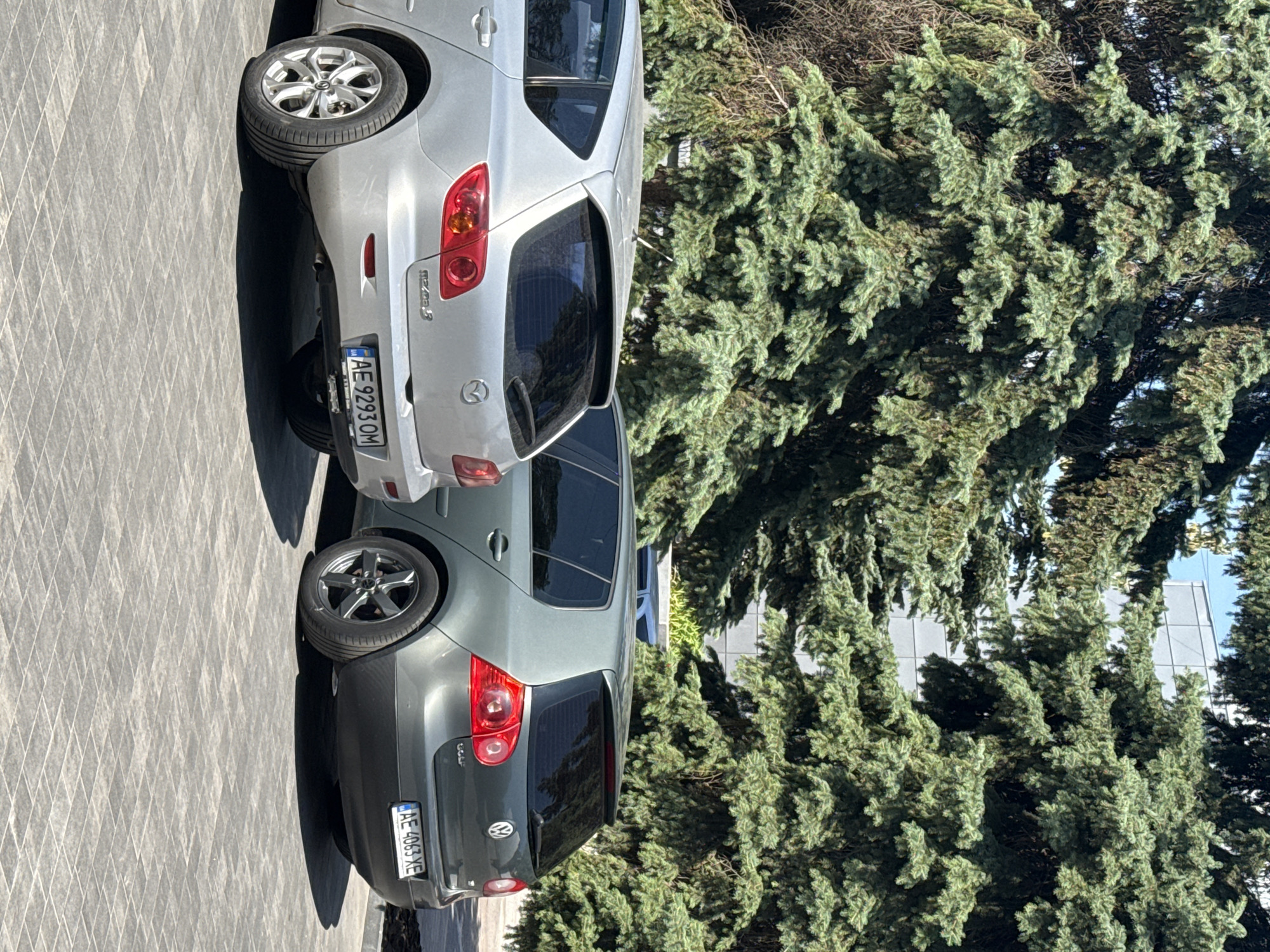 Two cars are parked on a paved surface in front of large evergreen trees and a building. The car on the left is a silver Mazda 3 with a license plate that reads "AE 9293 OM". The car on the right is a dark gray Volkswagen Golf with a license plate that reads "AE 4063 XE". The sun is shining, casting shadows on the ground. The environment appears to be a parking lot in a city.