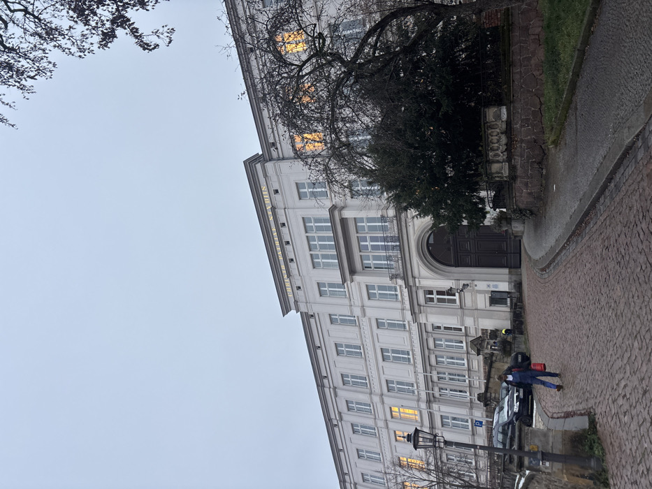 The image captures the St. Afra Gymnasium, a multi-story, light-colored building located on Freiheitsstraße in Meissen, Germany, under an overcast sky. The building features a classical architectural style with a central arched entrance framed by a balcony and numerous rectangular windows, some of which display warm yellow interior lighting. Above the second-story windows, the golden Latin inscription "CHRISTO PATRIAE STVDIIS" is prominently displayed on a frieze. In the foreground, a lone individual wearing dark blue overalls and carrying a red bag walks on a curving cobblestone path, heading towards the building's entrance. To the left, a dark ornamental lamppost stands near several parked dark-colored vehicles. The right side of the frame includes a large, bare-branched deciduous tree and dense evergreen shrubs, situated behind a low stone retaining wall, partially obscuring the building's facade. The scene is illuminated by diffuse daylight, consistent with an overcast condition.