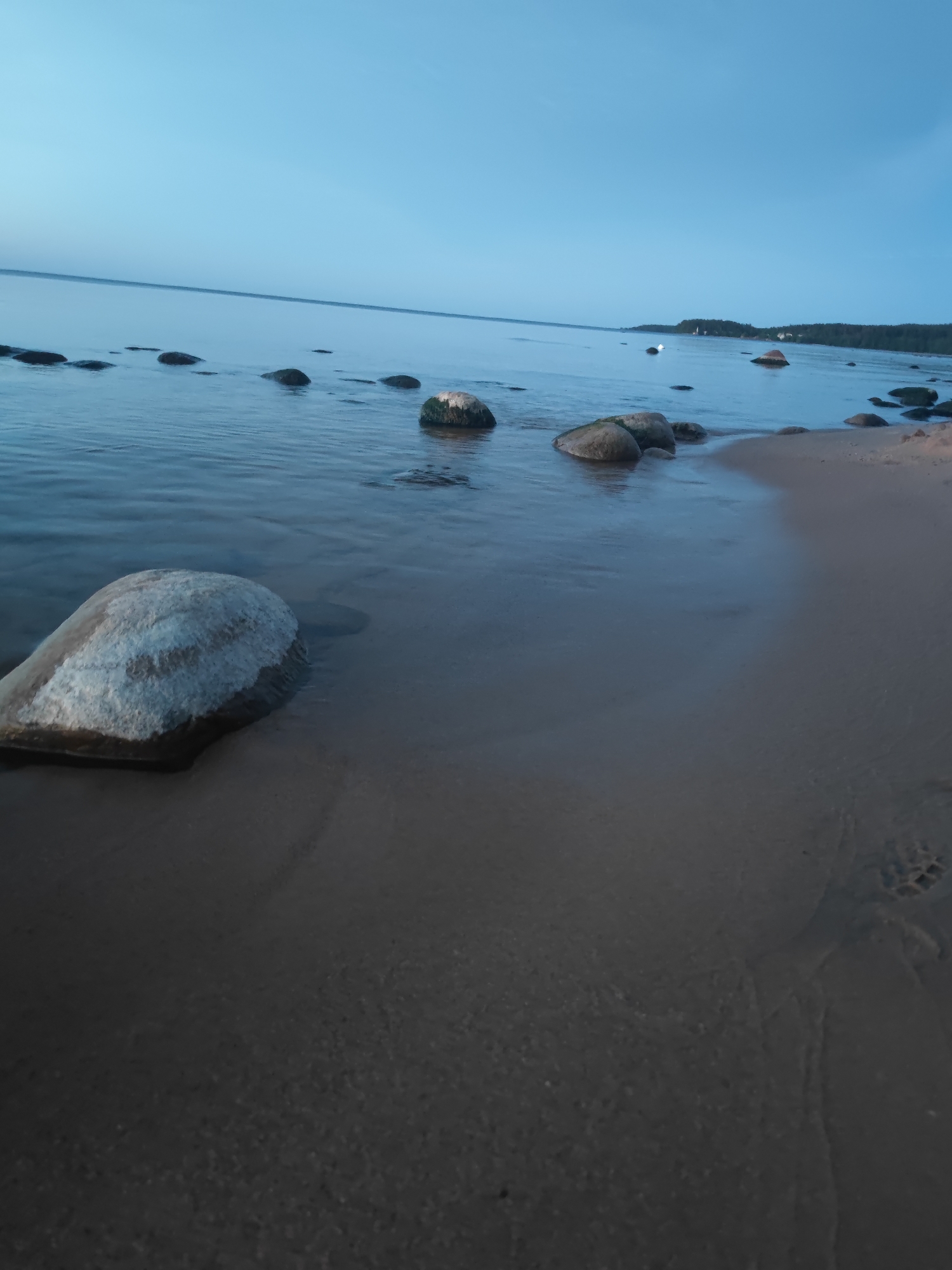 The image depicts a tranquil beach scene in Motornoe, Russia, during twilight. The sky is a pale blue, transitioning to a deeper blue near the horizon where a thin, dark line suggests the distant landmass. The water is calm, with gentle ripples reflecting the subdued light. Numerous smooth, rounded stones are scattered along the shoreline and partially submerged in the water. In the foreground, a large, light-colored boulder is prominently placed on the sandy beach, partially covered by shallow water. The sand exhibits subtle patterns of moisture and texture, with a faint imprint of what appears to be a footprint visible towards the right side of the frame. The overall atmosphere is serene and peaceful, characteristic of a quiet evening by the sea.