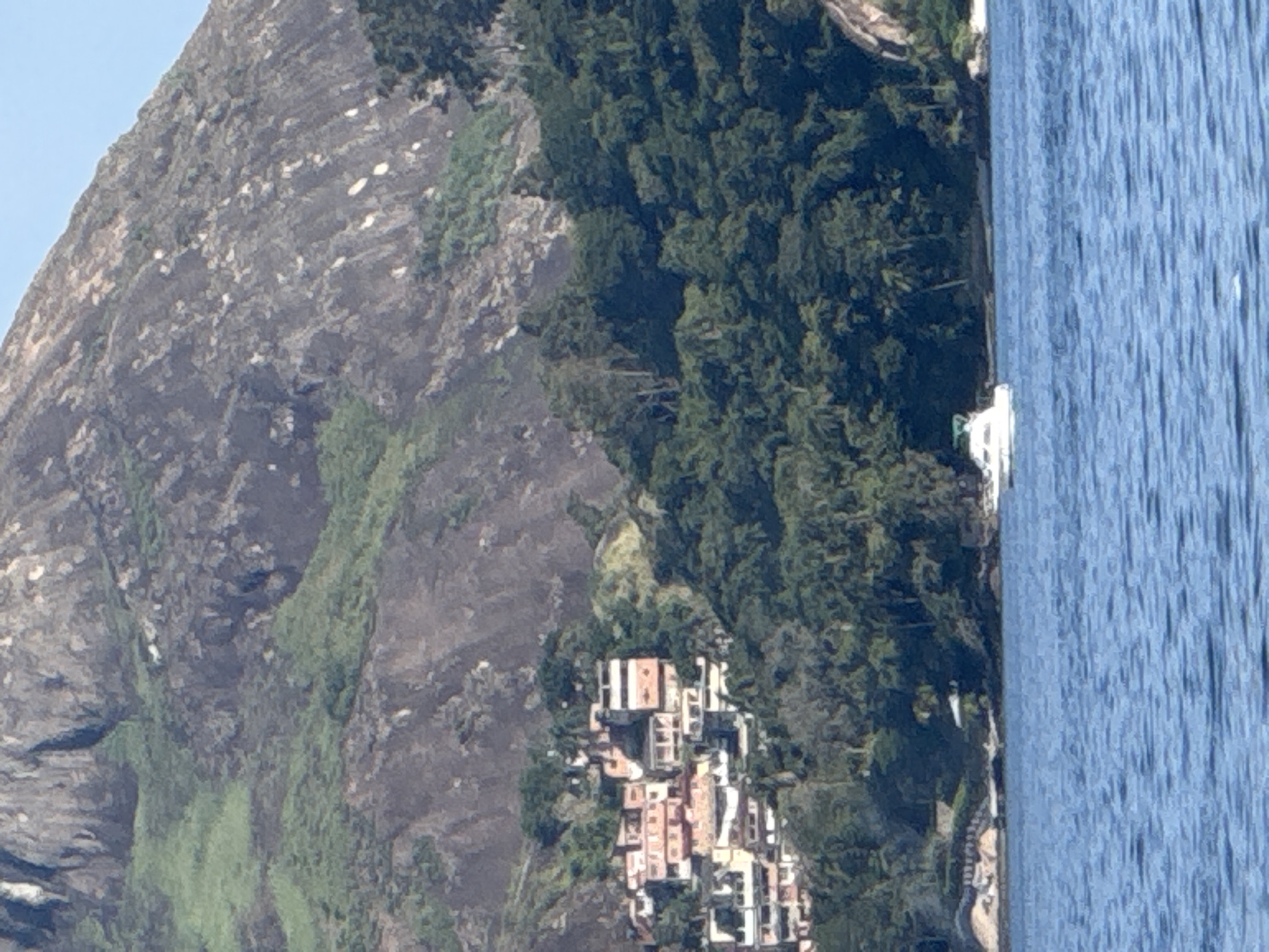 This image captures a section of the coastline in Niterói, Brazil, with a prominent rocky mountain as the backdrop. The mountain's slopes are a mix of exposed rock and patches of green vegetation. Clustered on the lower slopes of the mountain, nestled amongst dense green trees, is a densely packed residential area composed of buildings with terracotta-colored roofs and white walls. The buildings appear to be constructed close together, typical of hillside communities. In the foreground, a body of blue water, likely part of Guanabara Bay, is visible, with gentle ripples on its surface. A white motorboat with a green canopy is cruising on the water, positioned in front of the treeline and the residential area. The sky is a clear, light blue. The overall scene suggests a tropical coastal environment with a combination of natural landscape and urban development.