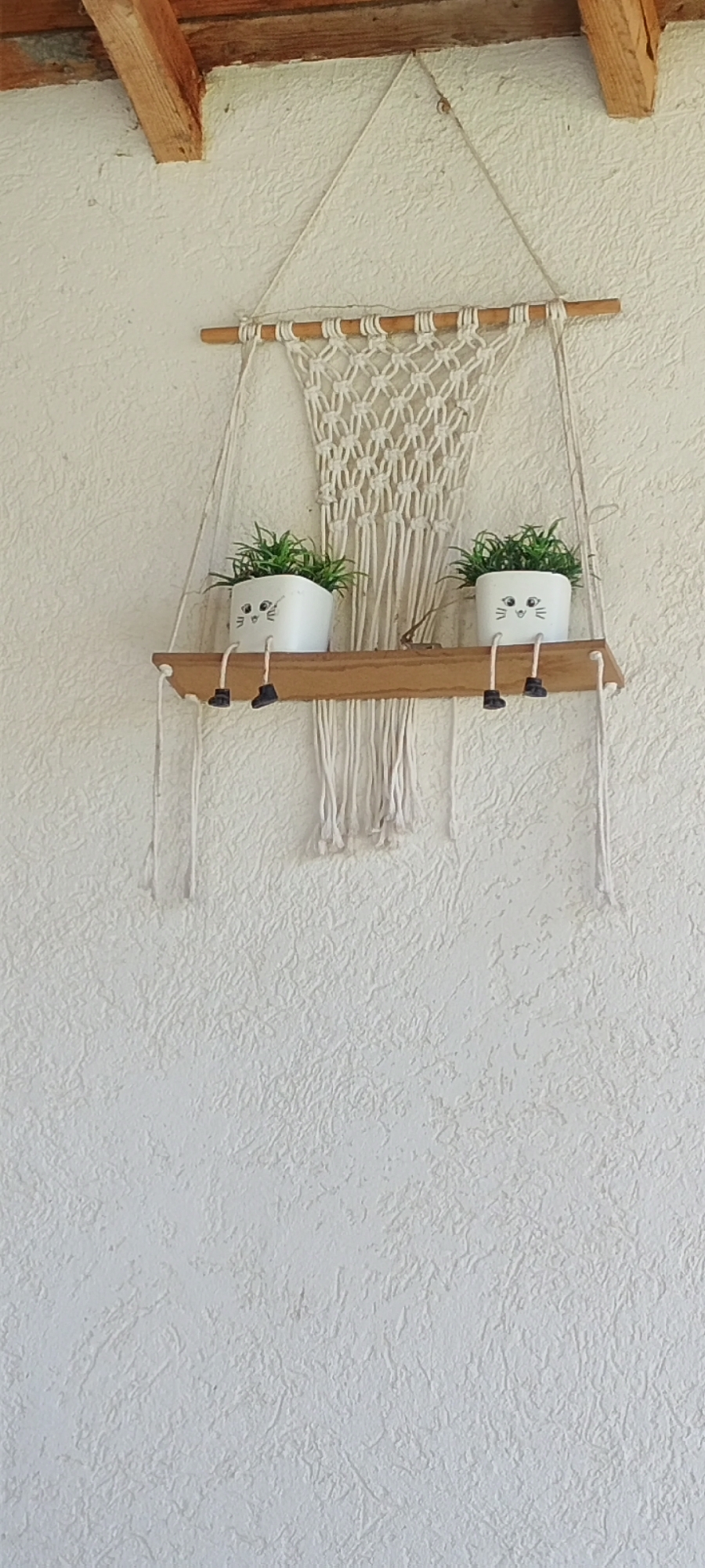 An overhead, eye-level, vertical shot features a decorative macrame hanger on a textured, pale wall. The macrame hanger, made of white string, is suspended from a wooden beam. Attached to the macrame hanger is a wooden shelf, holding two white, rectangular plant pots. Each pot contains a small, green plant and has a cartoonish face drawn on its front. The pots also have thin, black legs and feet dangling off the edge of the shelf. The scene is illuminated by natural light, casting subtle shadows on the wall. The location is identified as Zimnitsa, Bulgaria.