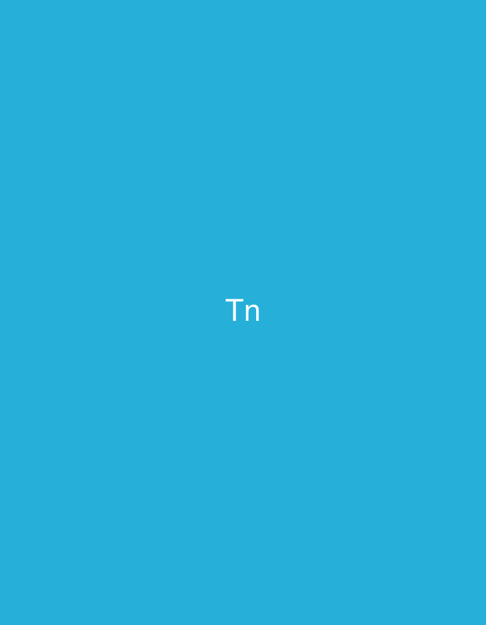 The image displays a solid, uniform azure blue background. Centrally positioned within the frame, both horizontally and vertically, is the text string "Tn." The text is rendered in a clean, white, sans-serif font, with a capital 'T' followed by a lowercase 'n'. No other objects, figures, or environmental details are present in the scene.